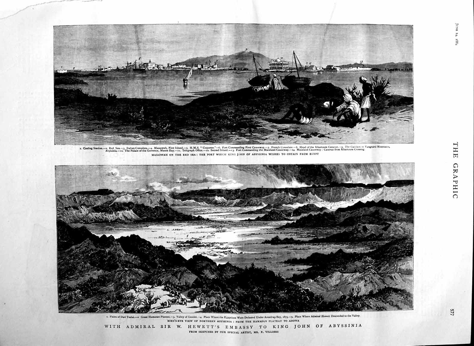 Original Old Antique Print 1884 Massowah Red Sea Abyssinia King John Hamasan