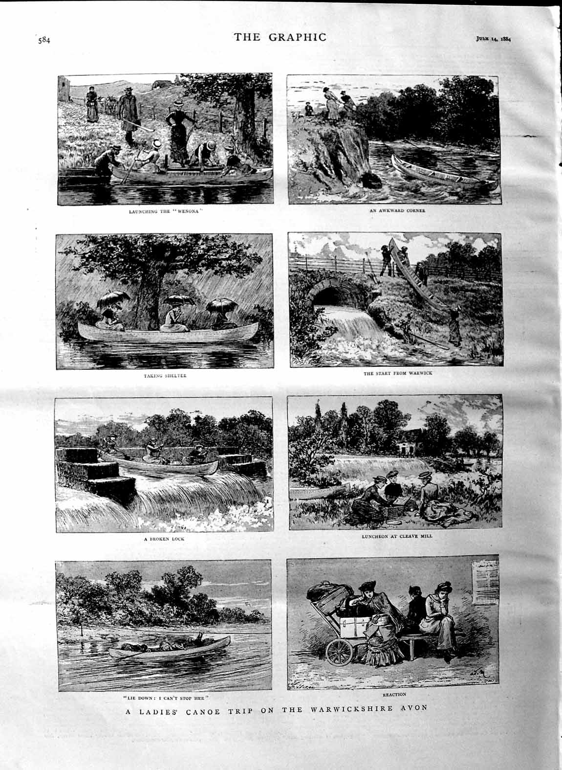 Original Old Antique Print 1884 Ladies Canoe Trip Warwickshire Avon Wenona Mill