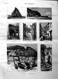 Old Antique Print 1884 Clovelly Black Church Rock Beach Pier Temple Bar 19th