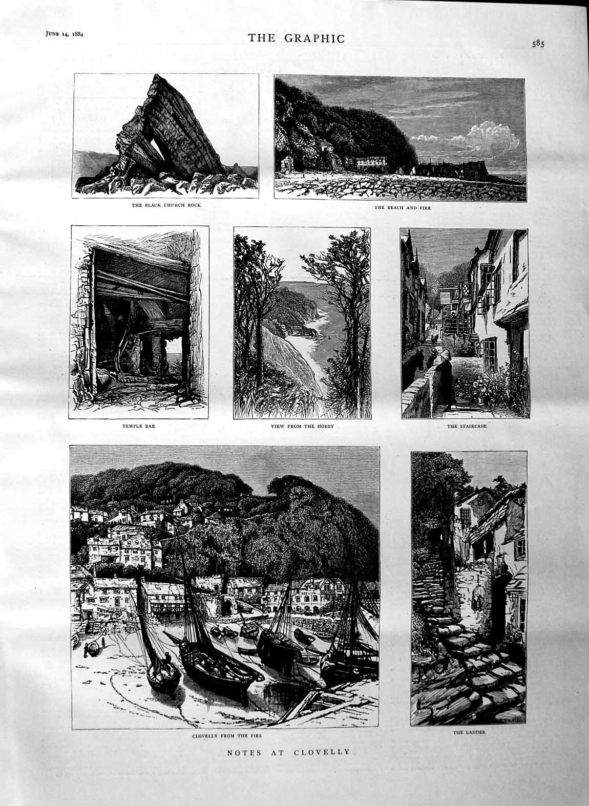 Old Antique Print 1884 Clovelly Black Church Rock Beach Pier Temple Bar 19th