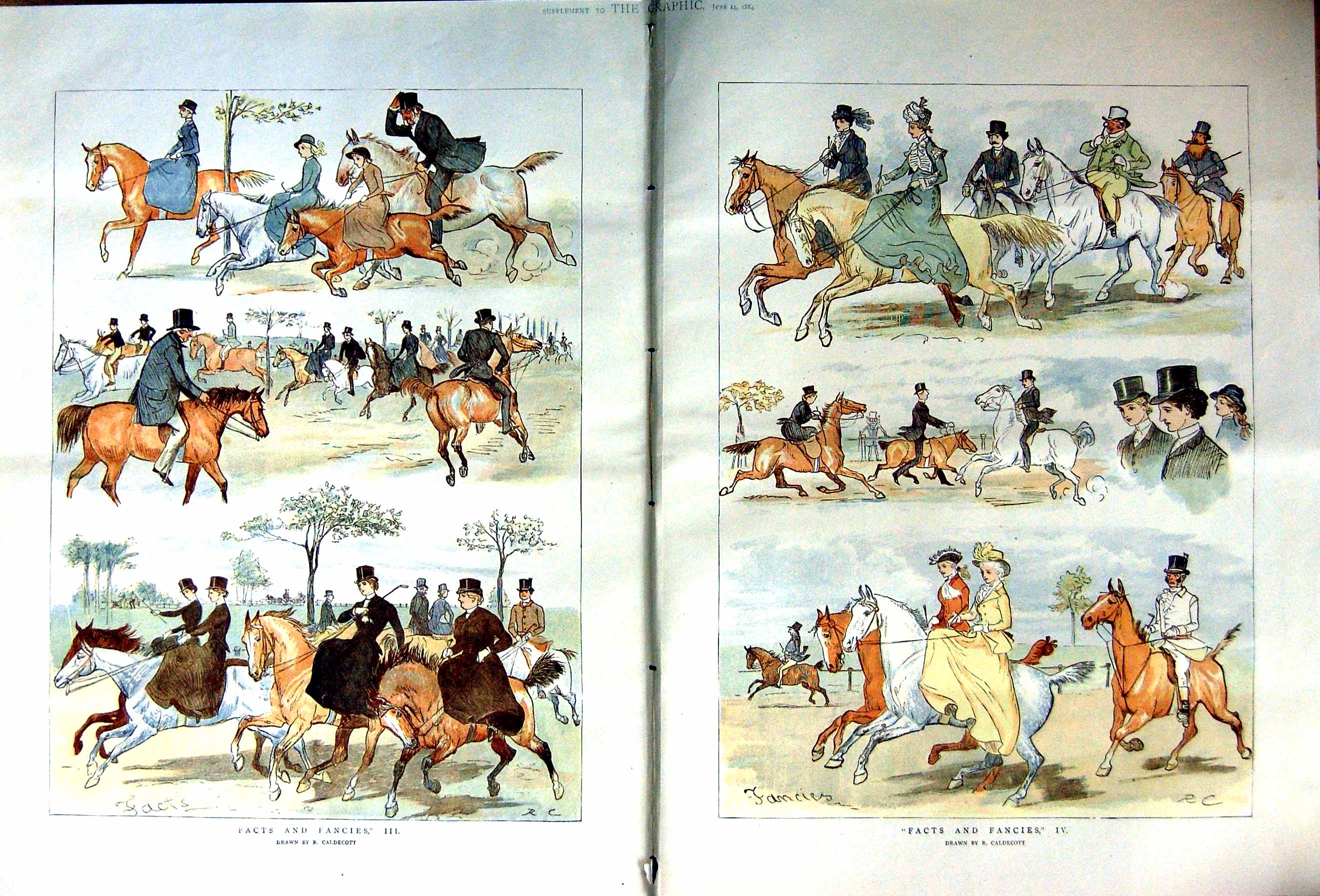Original Old Antique Print 1884 Colour Horses Hunting Ladies Side 19th