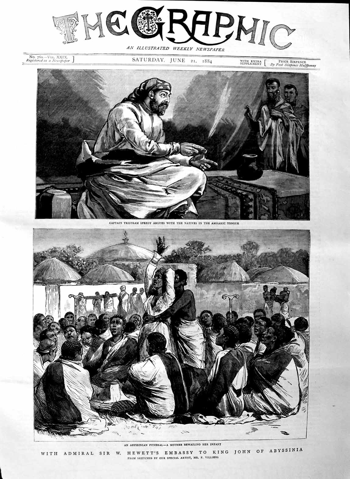 Original Old Antique Print 1884 Admiral Hewett King John Abyssinia Tristram