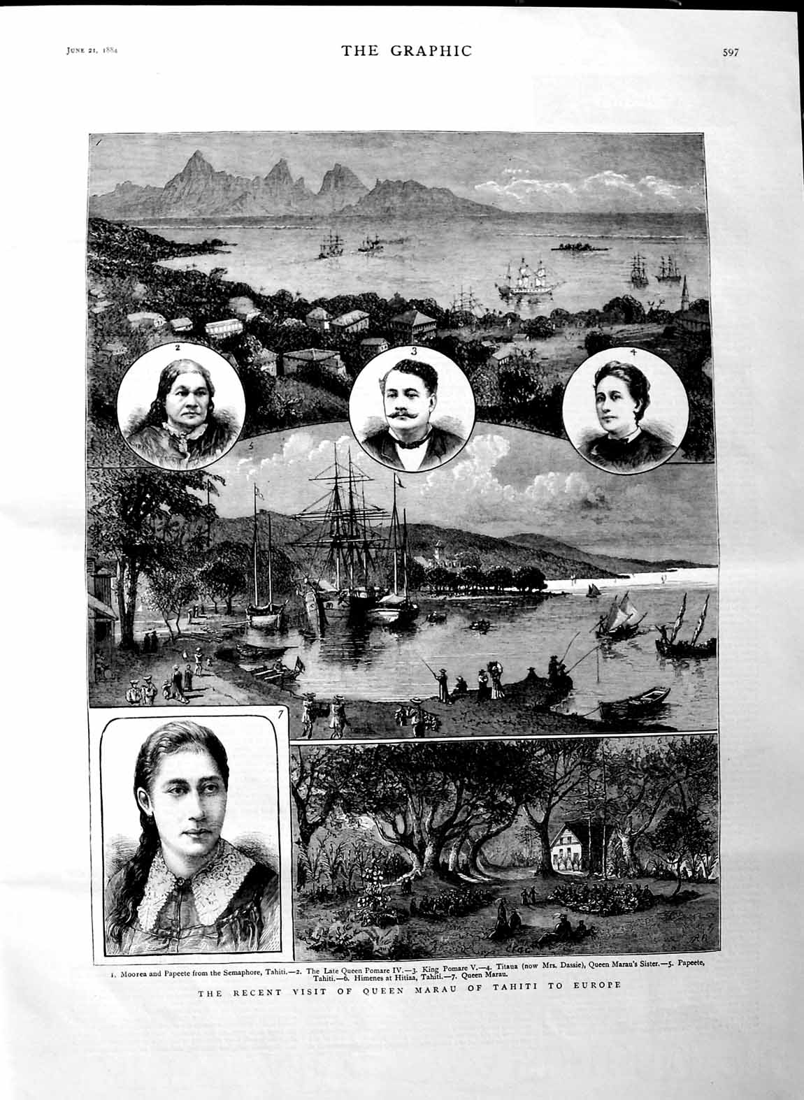 Original Old Antique Print 1884 Visit Queen Marau Tahiti Europe King Pomare 19th