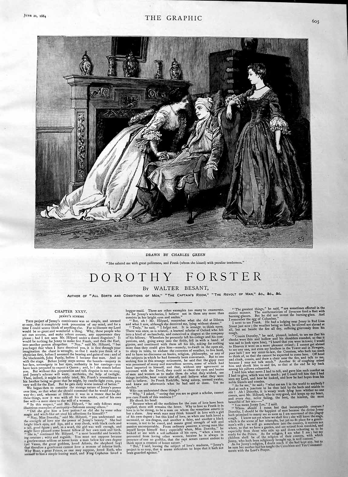 Original Old Antique Print 1884 Illustration Story Dorothy Forster Green Besant