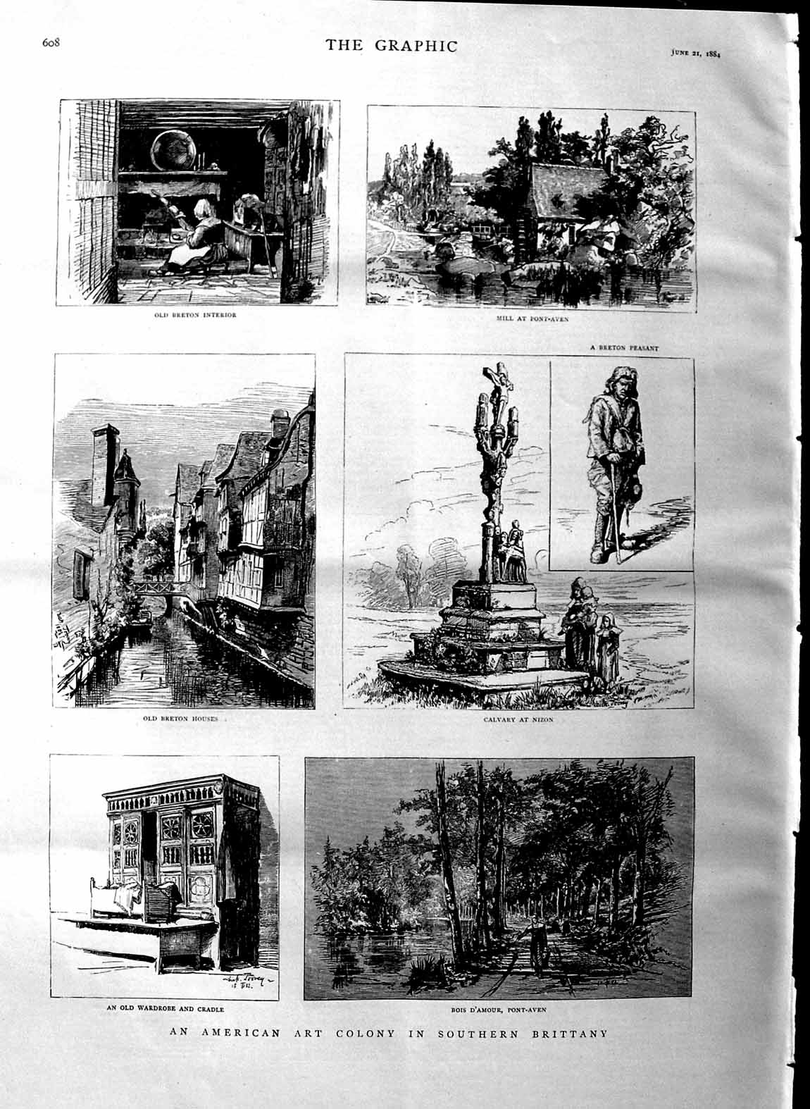 Original Old Antique Print 1884 Brittany Calvary Nizon Breton Peasant Pont-Aven