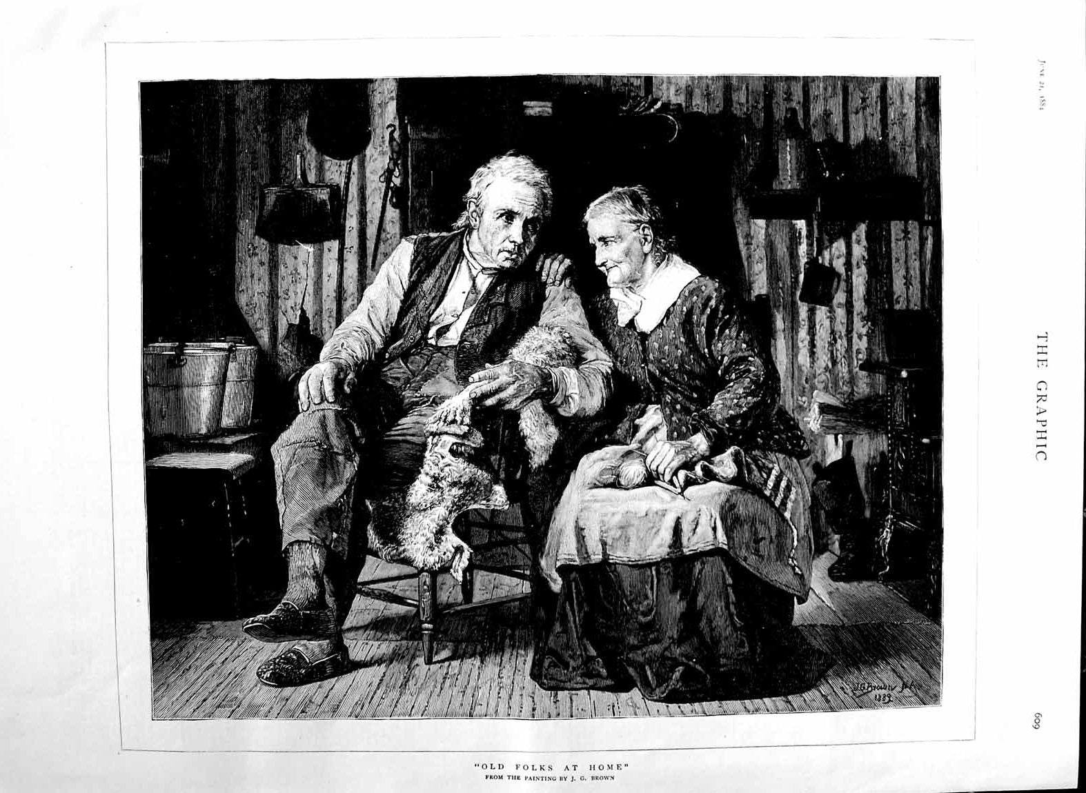 Original Old Antique Print 1884 Brown Fine Art Folks Home Man Lady K Victorian