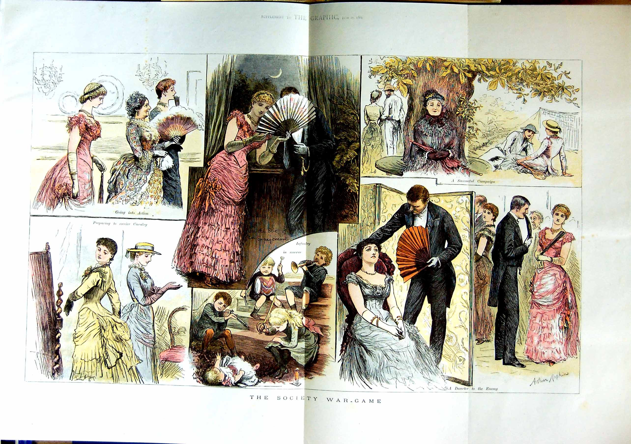 Original Old Antique Print 1884 Colour Society War-Game Romance Children 19th