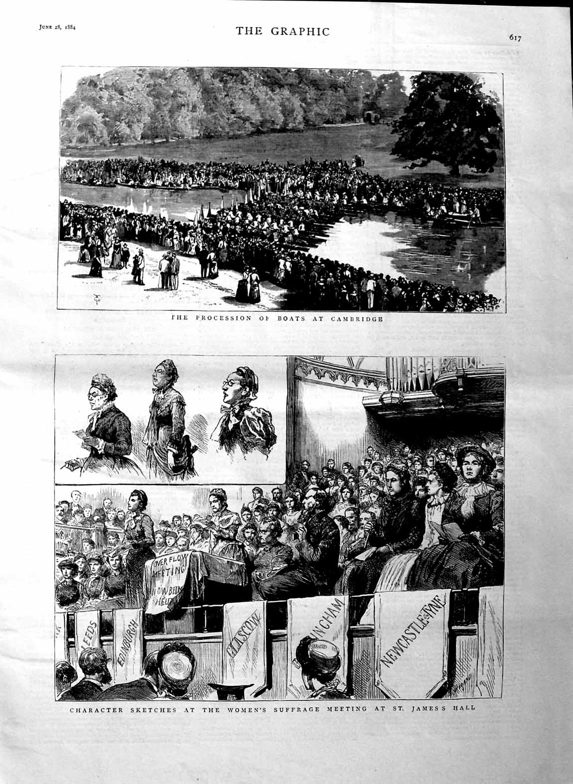 Old Antique Print 1884 Womens Suffrage Meeting James Hall Cambridge Boats 19th