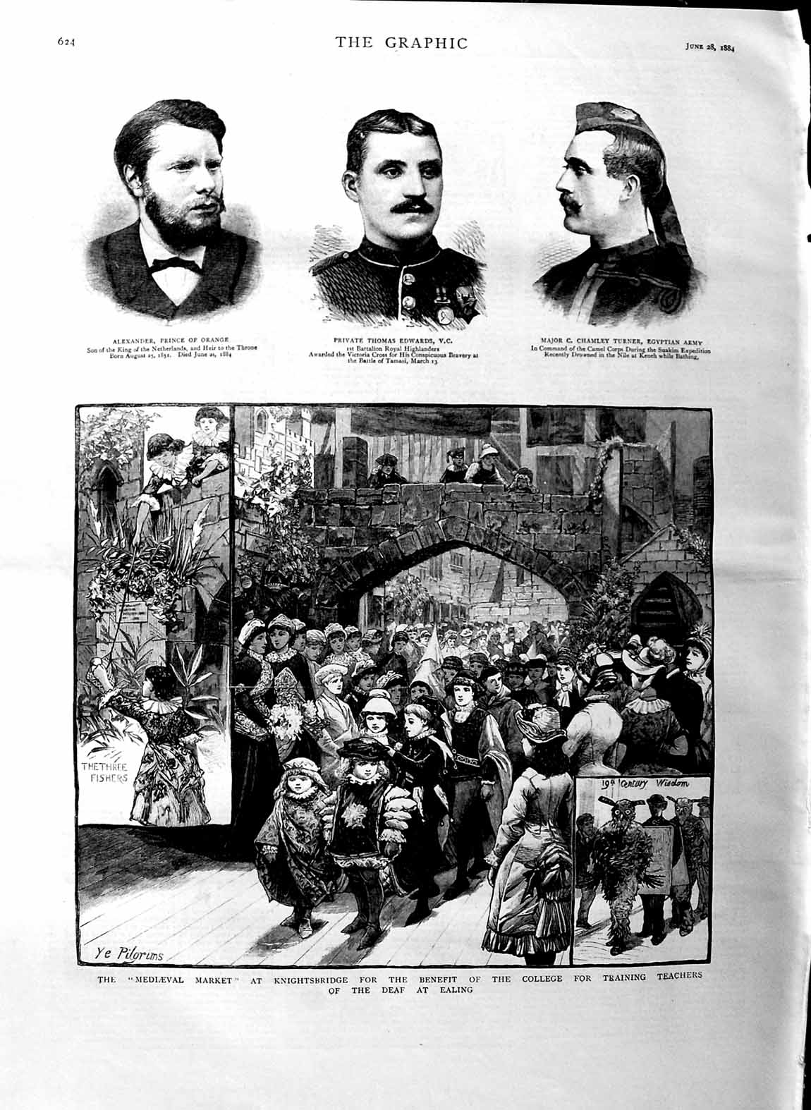 Old Antique Print 1884 Mediaeval Market Knightsbridge Prince Orange Major 19th
