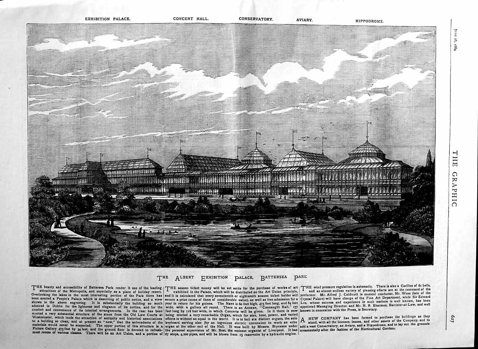 Original Old Antique Print 1884 Exterior Albert Exhibition Palace Batters 19th
