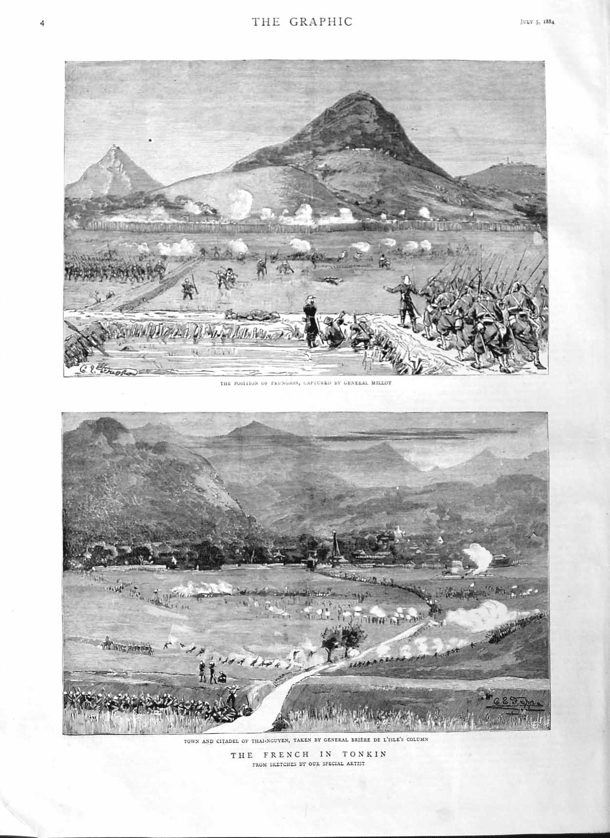 Old Antique Print 1884 French Army Tonkin Prungson General Millot Briere 19th