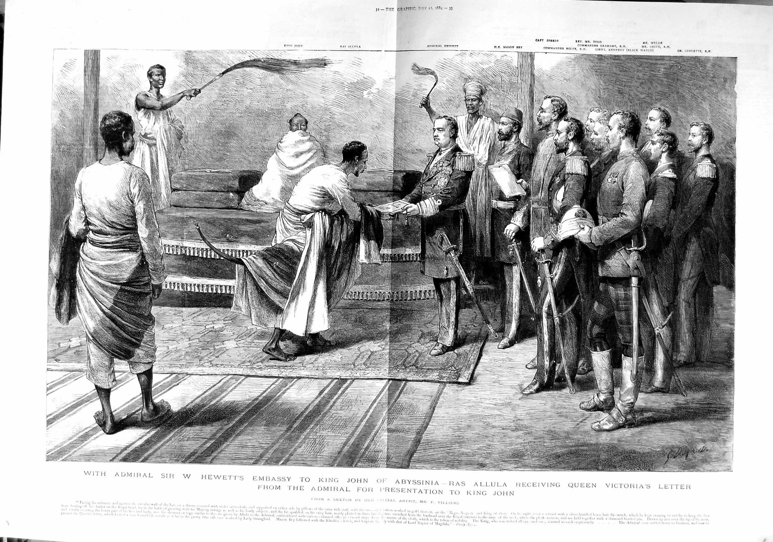 Original Old Antique Print 1884 Admiral Hewett King John Abyssinia Ras Victorian