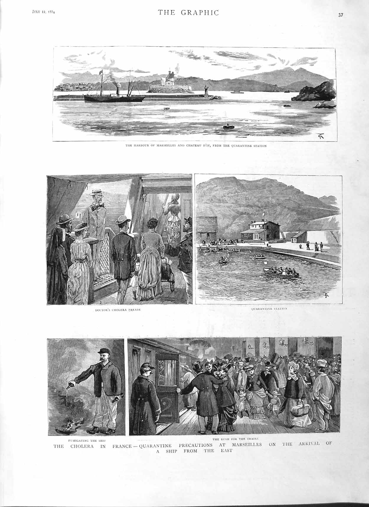 Original Old Antique Print 1884 Harbour Marseilles Cholera France Quaranti 19th