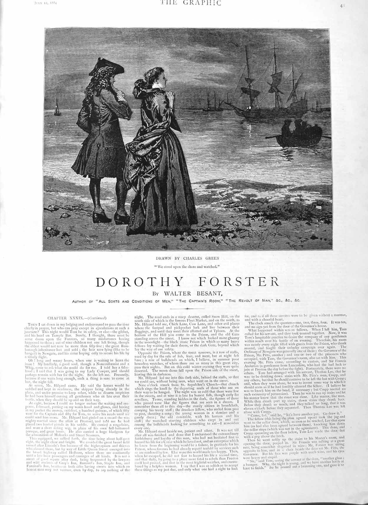 Old Antique Print 1884 Illustration Story From Post Finish Ship Man Lady 19th