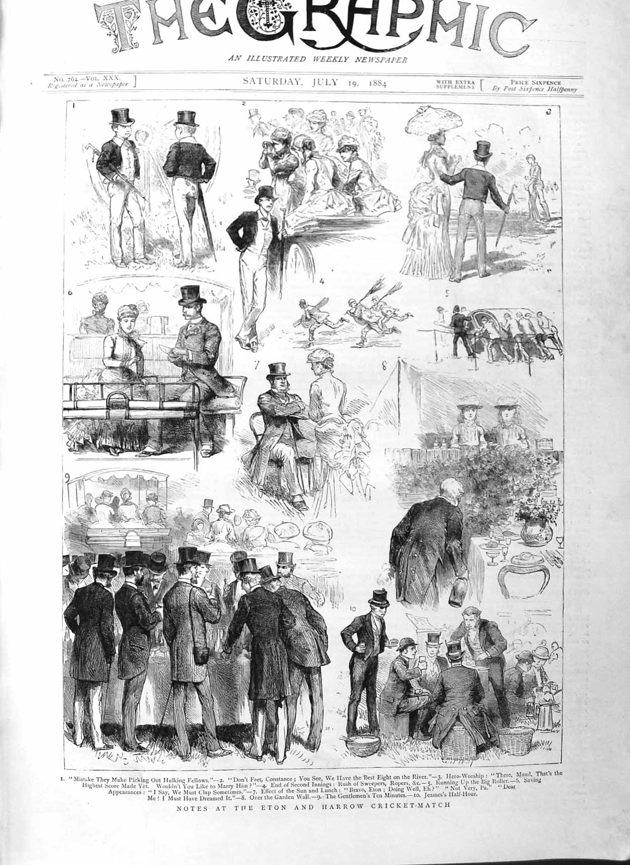 Original Old Antique Print 1884 Eton Harrow Cricket Match Sp 19th