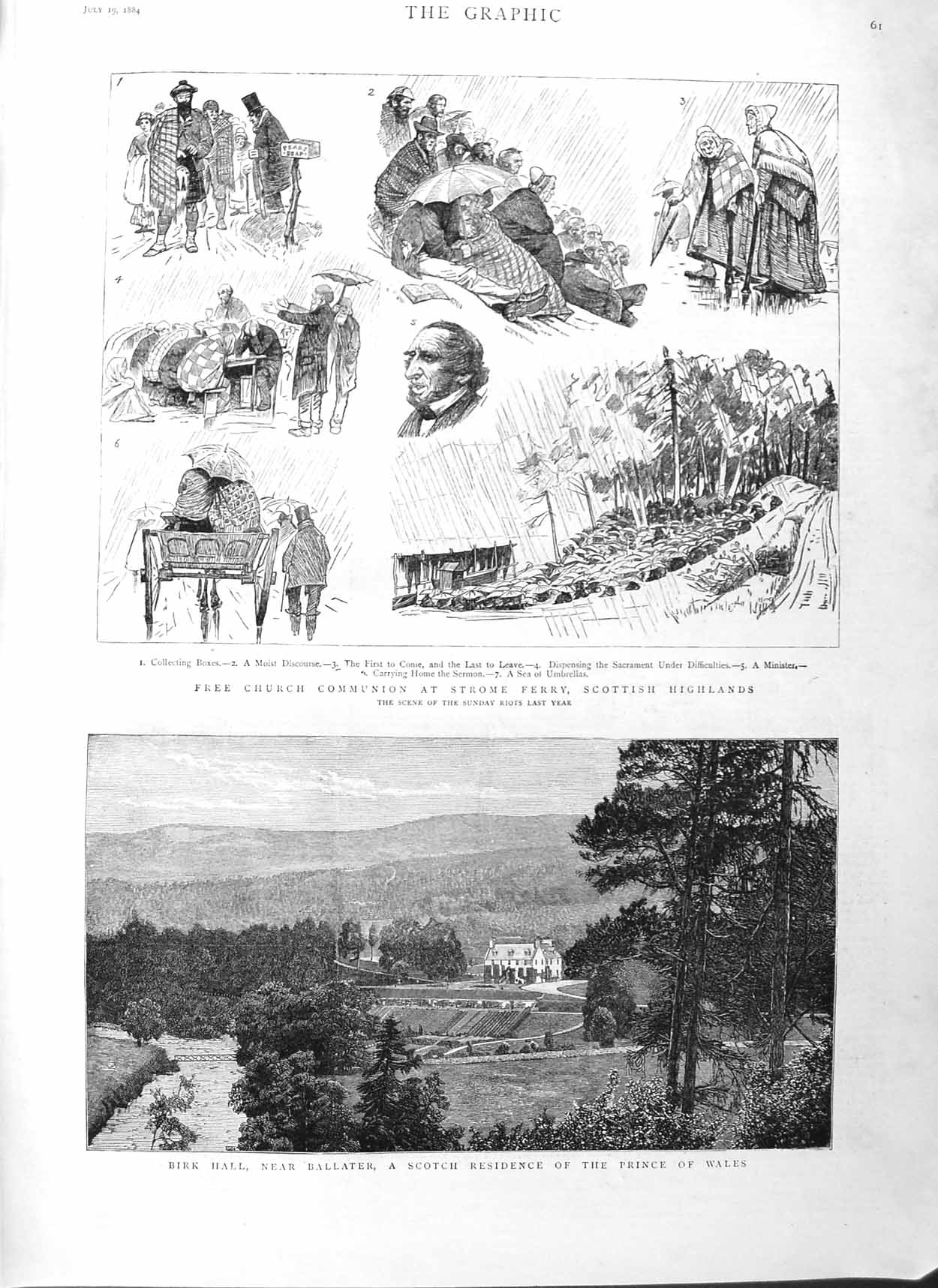 Original Old Antique Print 1884 Birk Ballater Prince Wales Strome Ferry Church