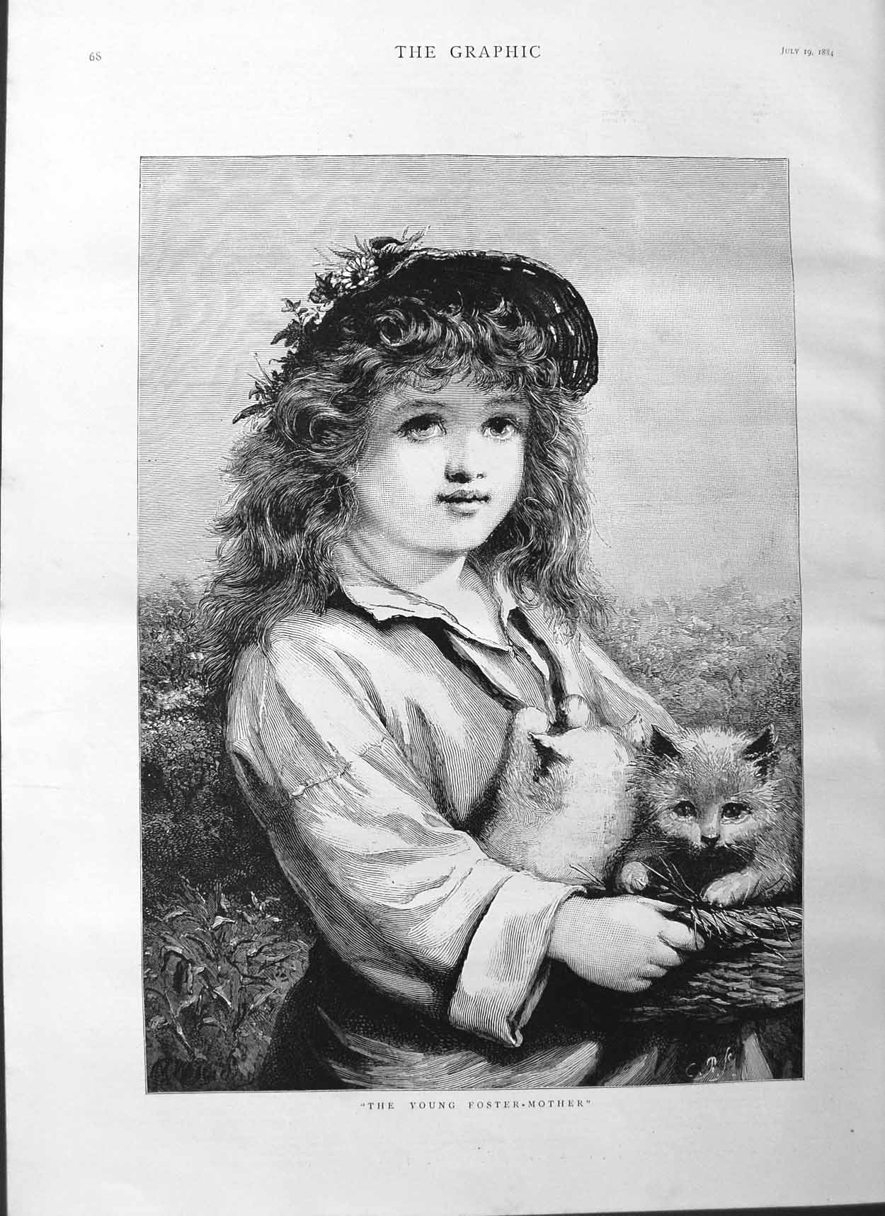 Original Old Antique Print 1884 Fine Art Young Foster Mother Kitten Cat 19th