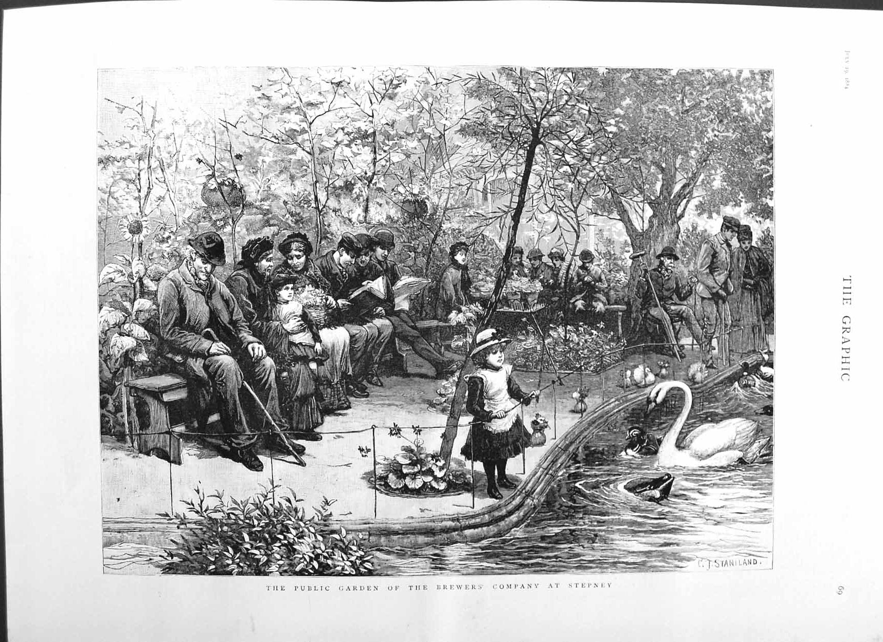 Original Old Antique Print 1884 Public Garden Brewers Company Stepney Swan Lake