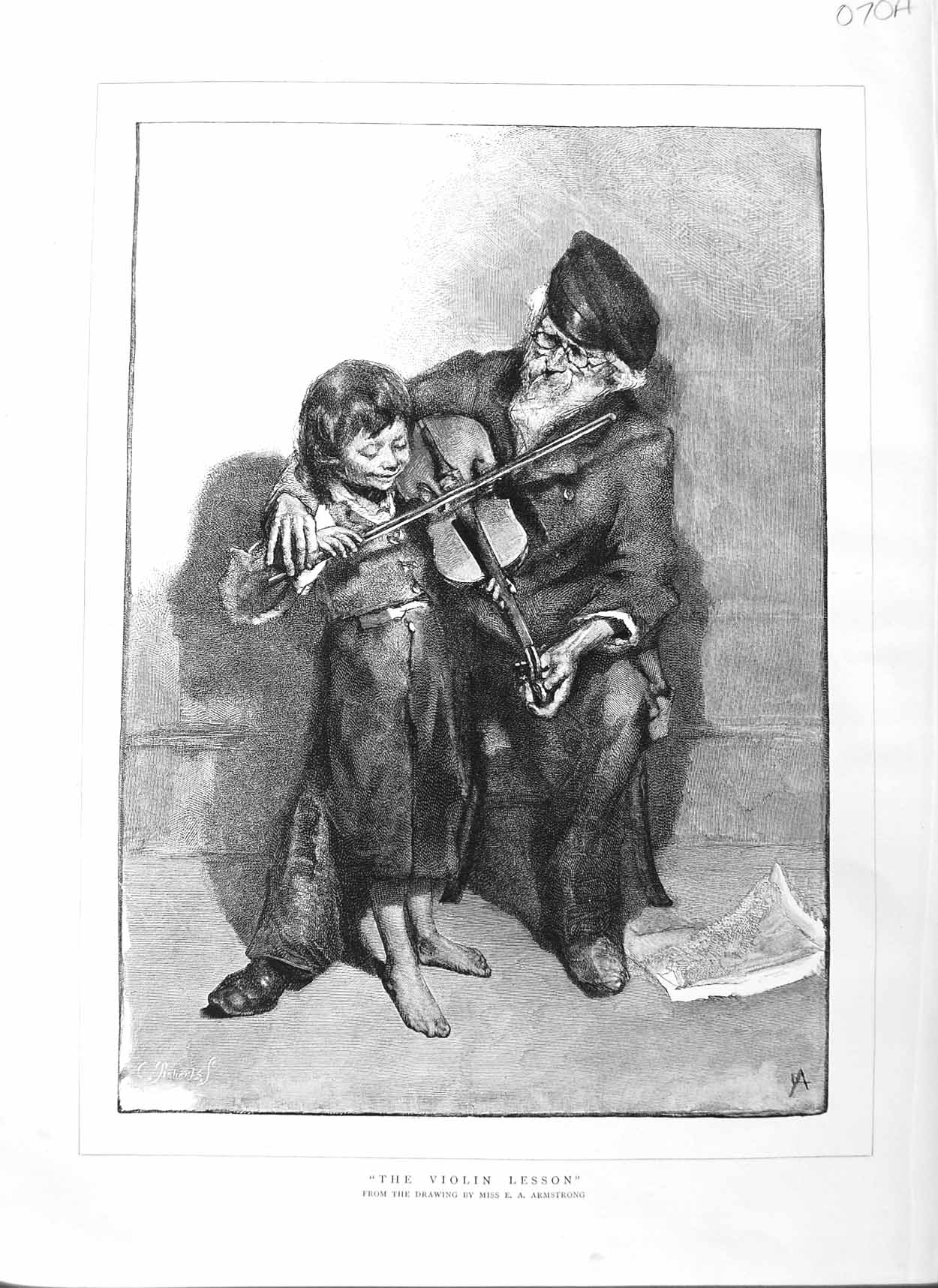 Old Antique Print 1884 Armstrong Fine Art Violin Lesson Little Boy Music 0 19th