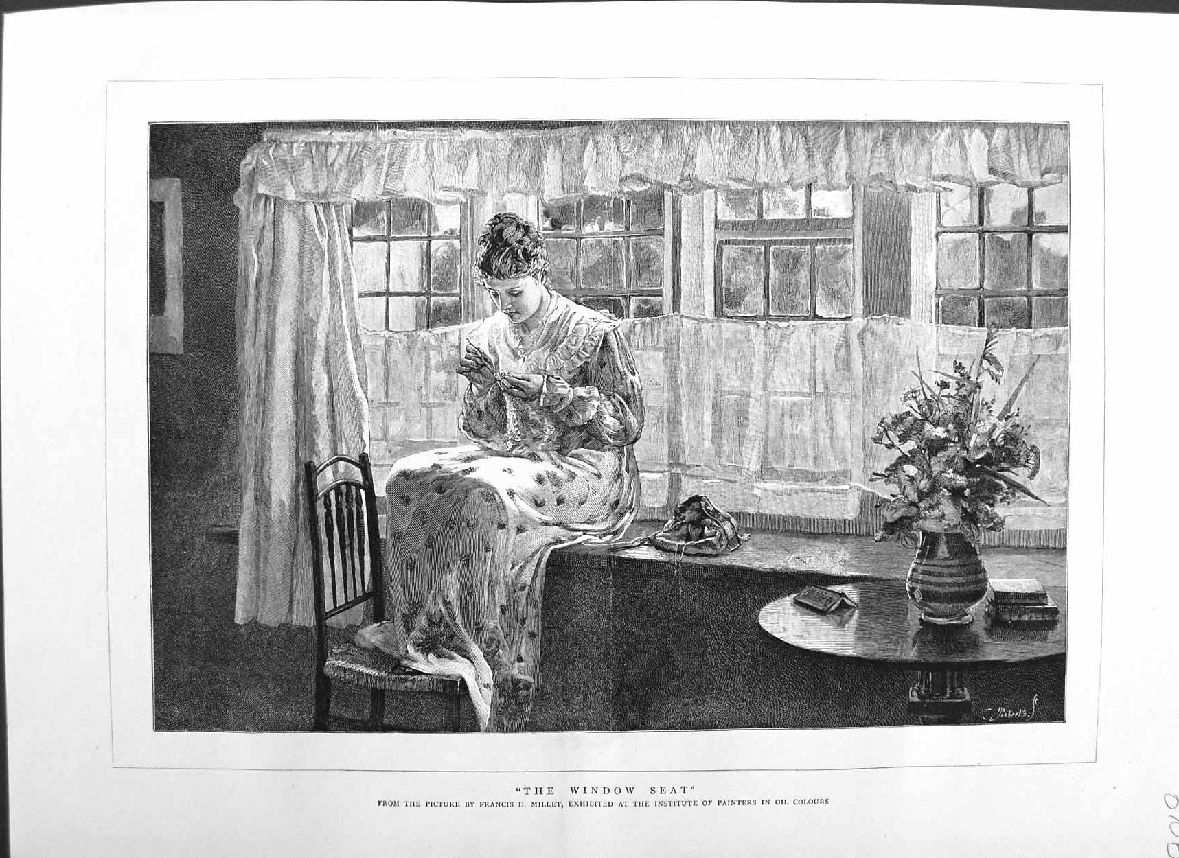 Old Antique Print 1884 Millet Fine Art Window Seat Beautiful Lady Book 0 19th