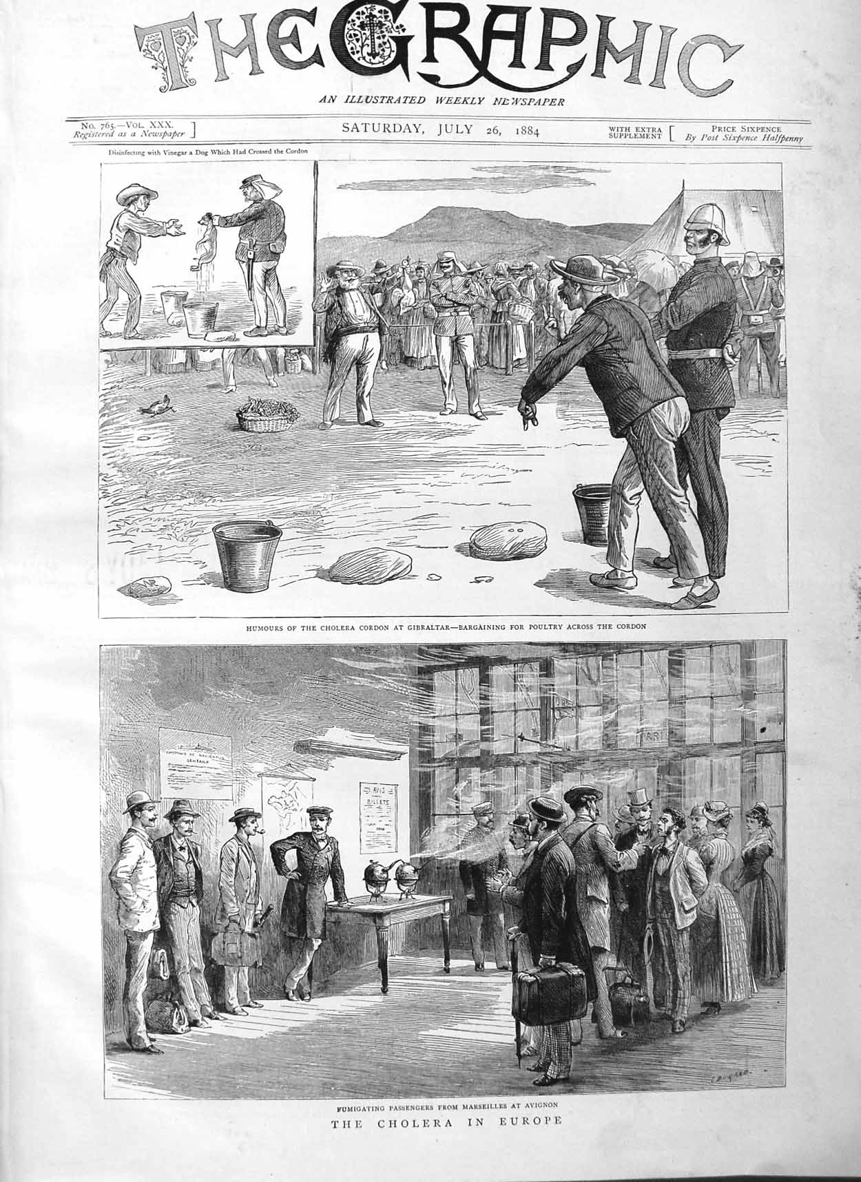 Original Old Antique Print 1884 Cholera Europe Gibraltar Passengers Victorian