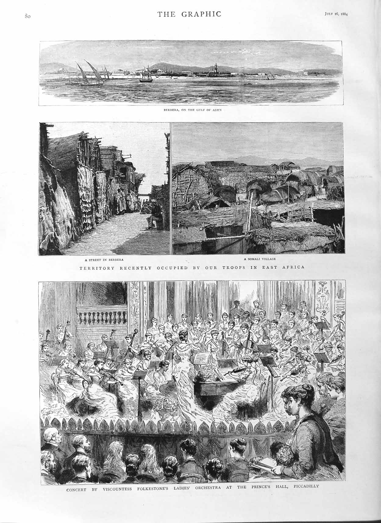 Original Old Antique Print 1884 Piccadilly Ladie'S Orchestra Berbera Africa 19th