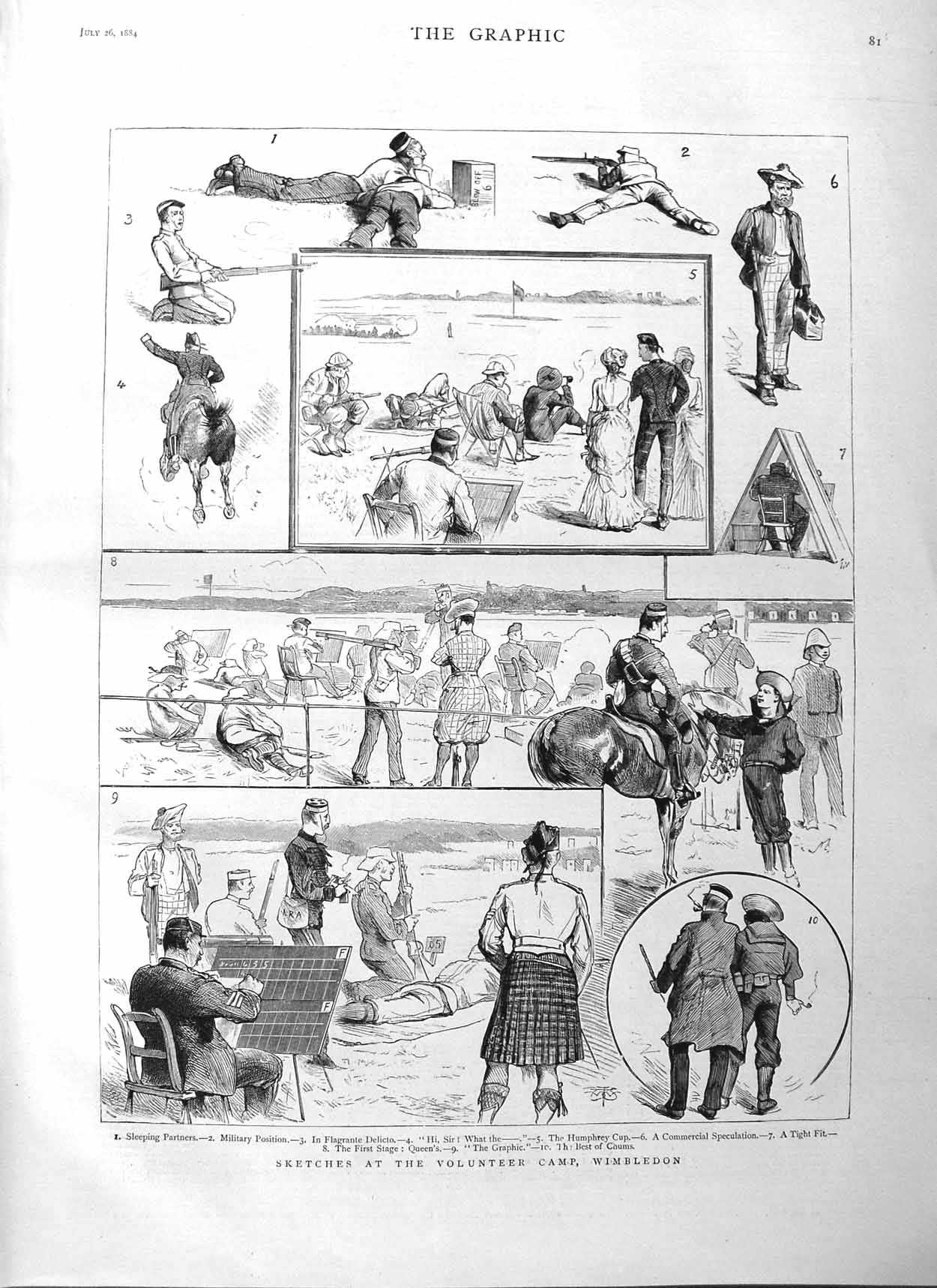 Original Old Antique Print 1884 Sier Volunteer Camp Wimbledon Rifle Shooting