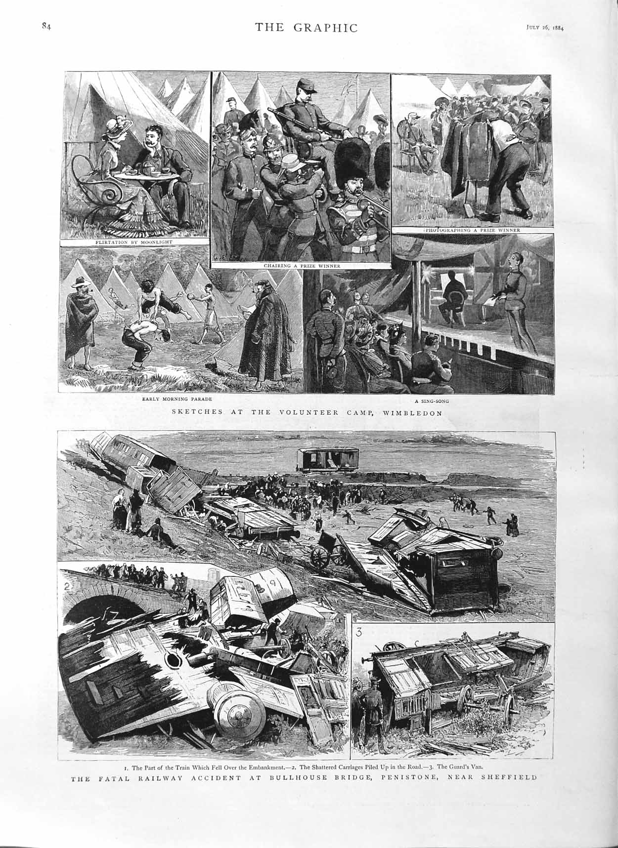 Original Old Antique Print 1884 Railway Accident Bullhouse Sheffield Wi 19th
