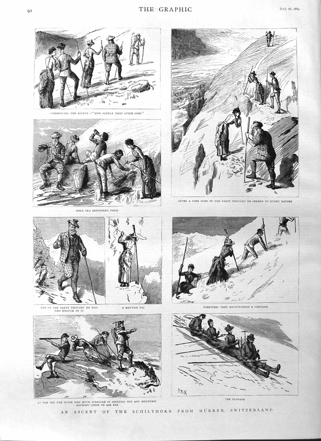 Original Old Antique Print 1884 Ascent Schilthorn Murren Switzerland Mauva 19th
