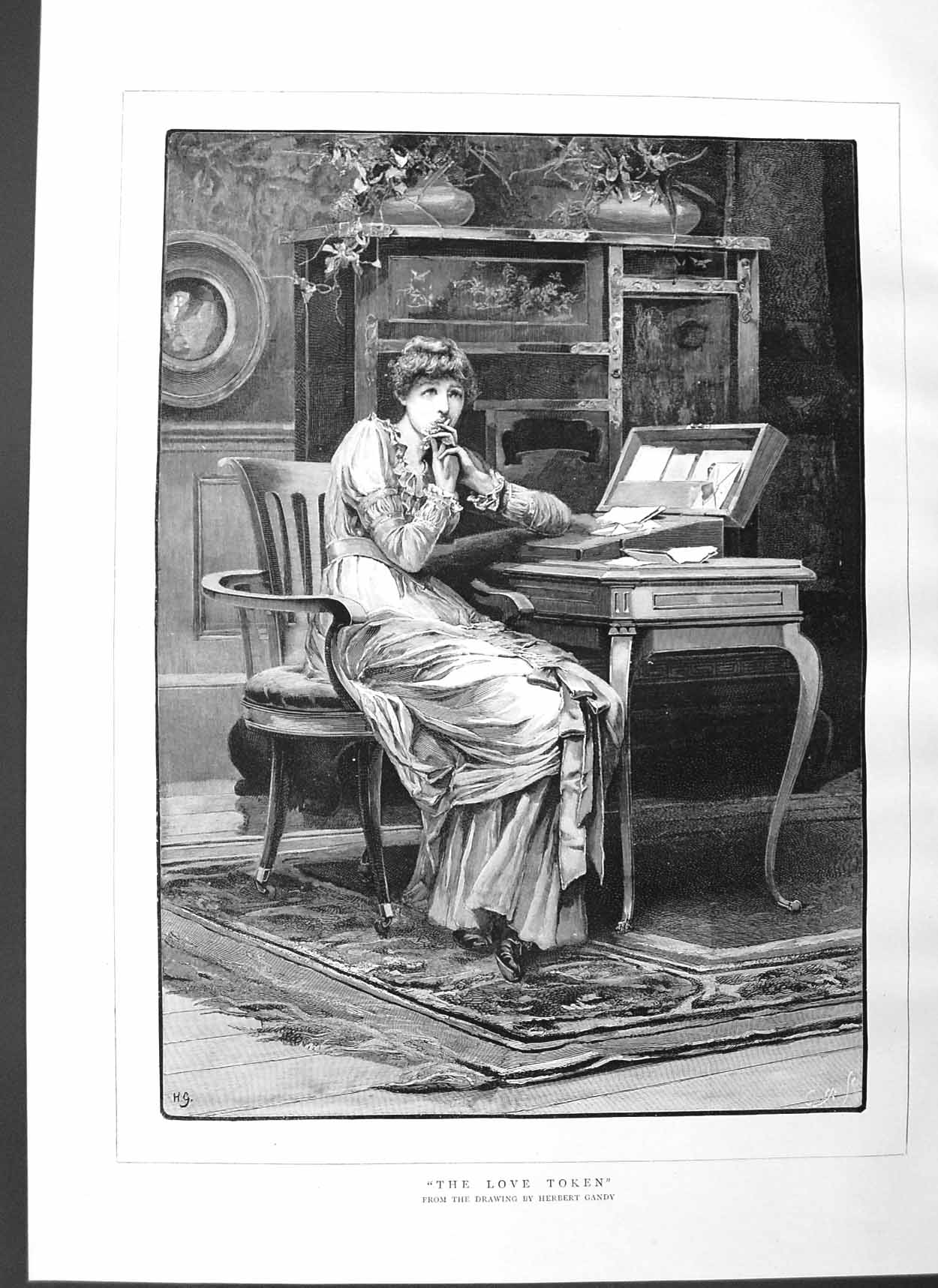 Original Old Antique Print 1884 Fine Art Love Token Lady Letter Gandy 0 19th