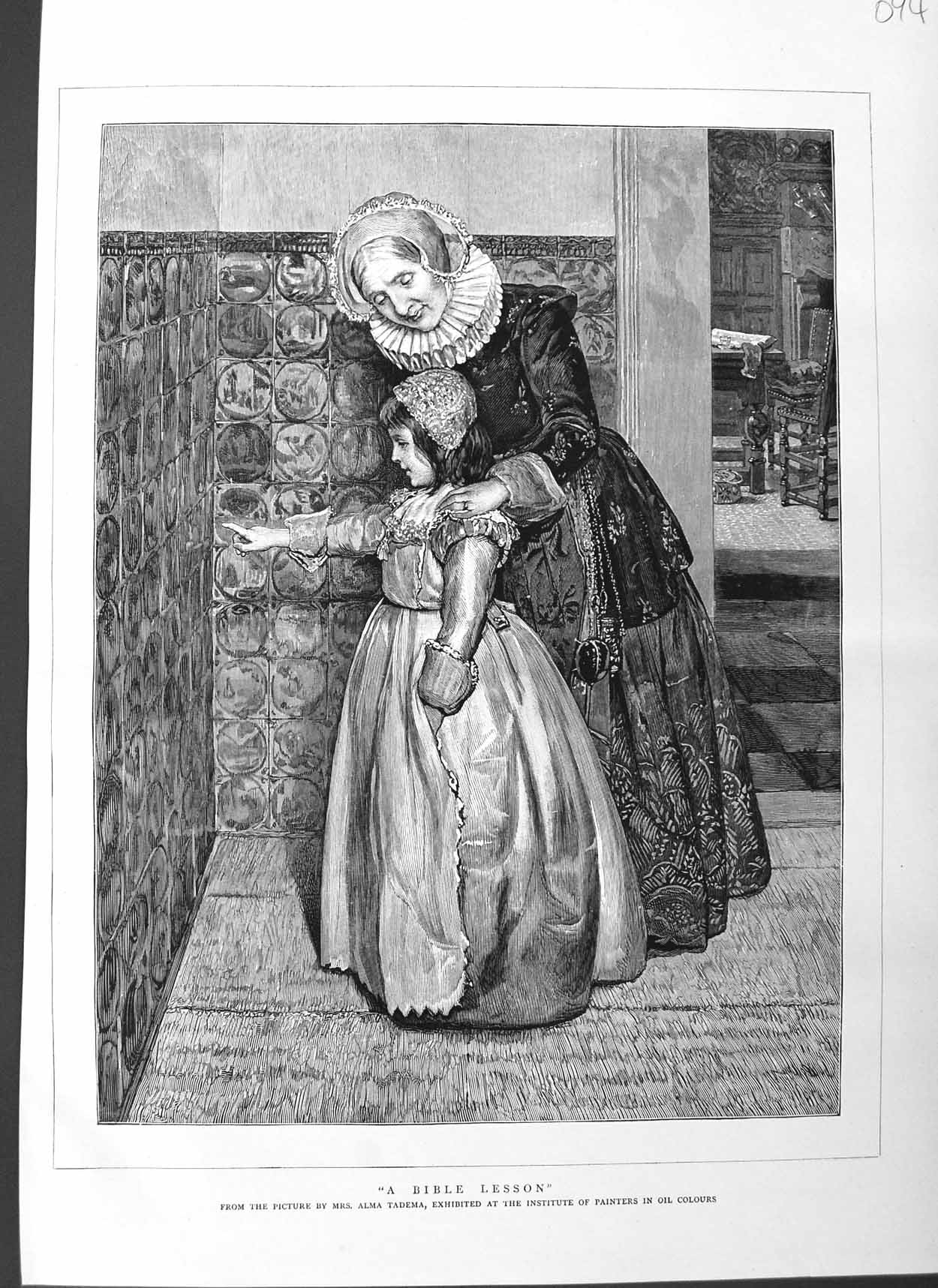 Original Old Antique Print 1884 Fine Art Bible Lesson Little Girl Mother 0 19th