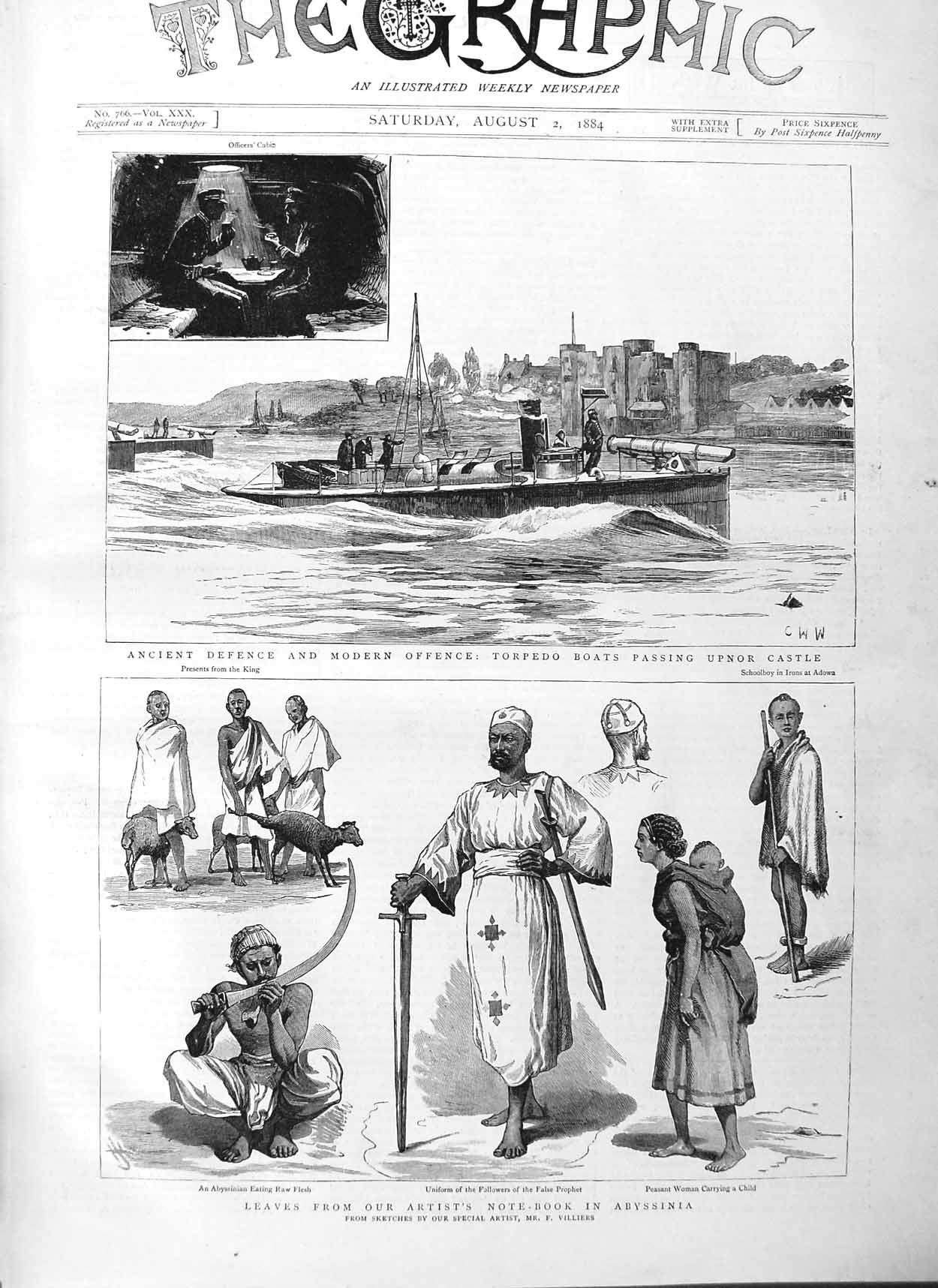 Original Old Antique Print 1884 Abyssinia Peasant Women Torpedo Boats Upnor 19th
