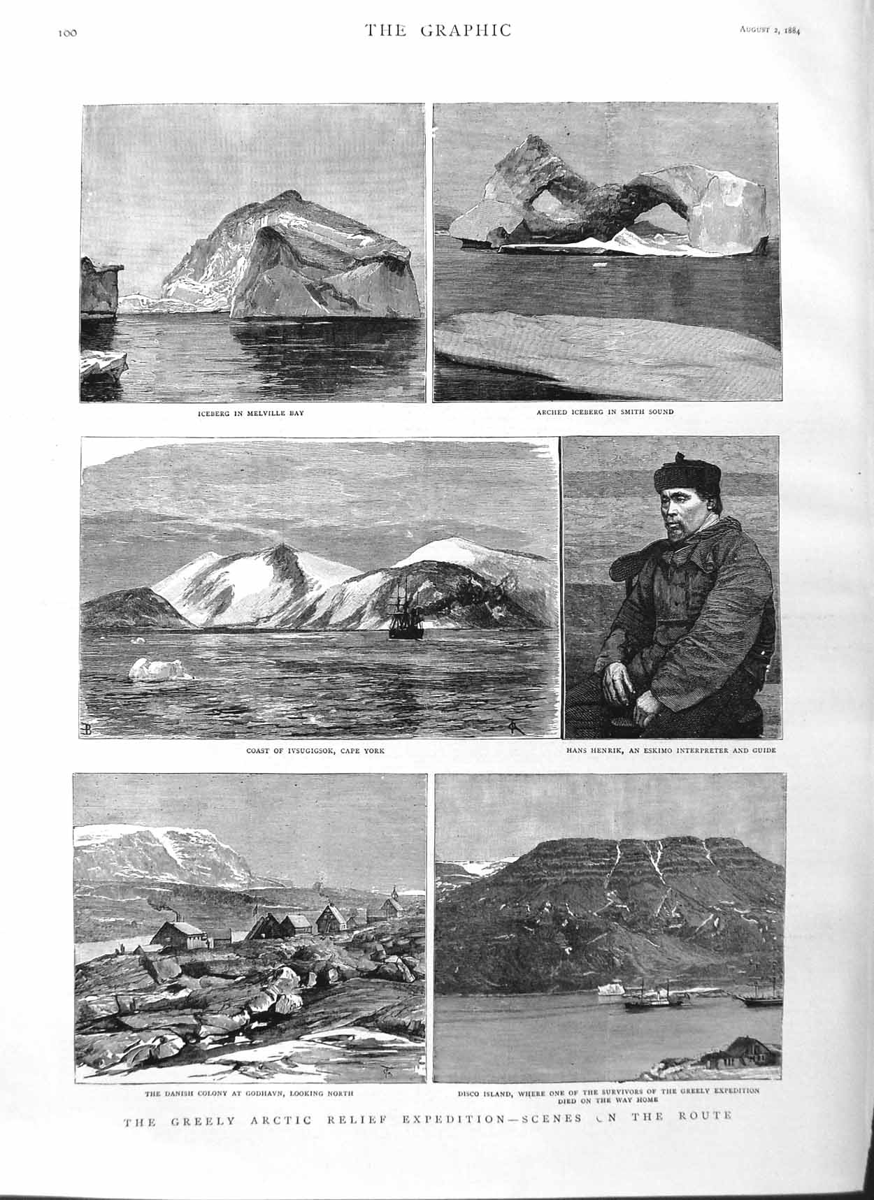 Old Antique Print 1884 Greely Arctic Expedition Godhaven Hans Henrik Ice 19th
