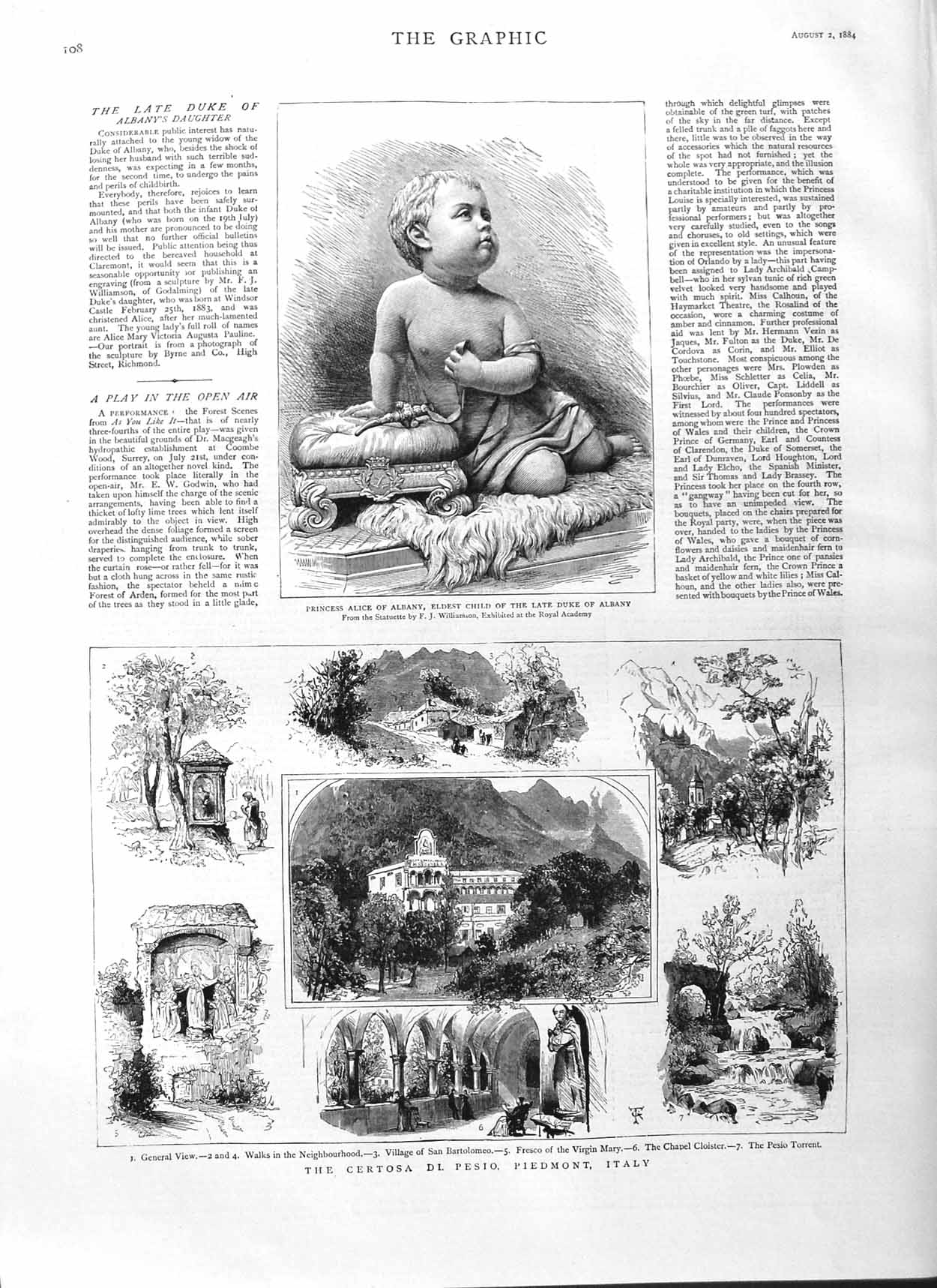 Old Antique Print 1884 Princess Alice Albany Baby Certosa Piedmont Italy 19th