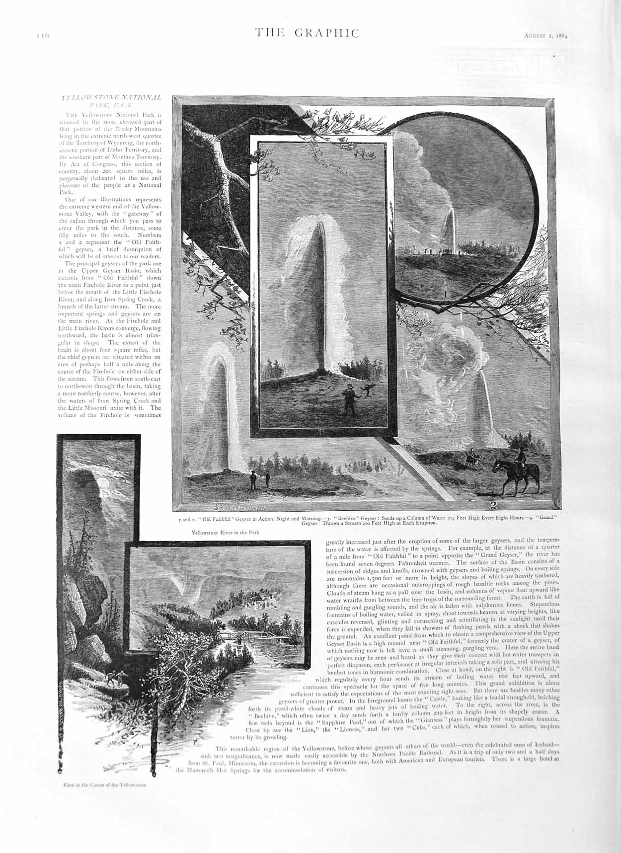 Original Old Antique Print 1884 Yellowstone National Park Geyser Canon America