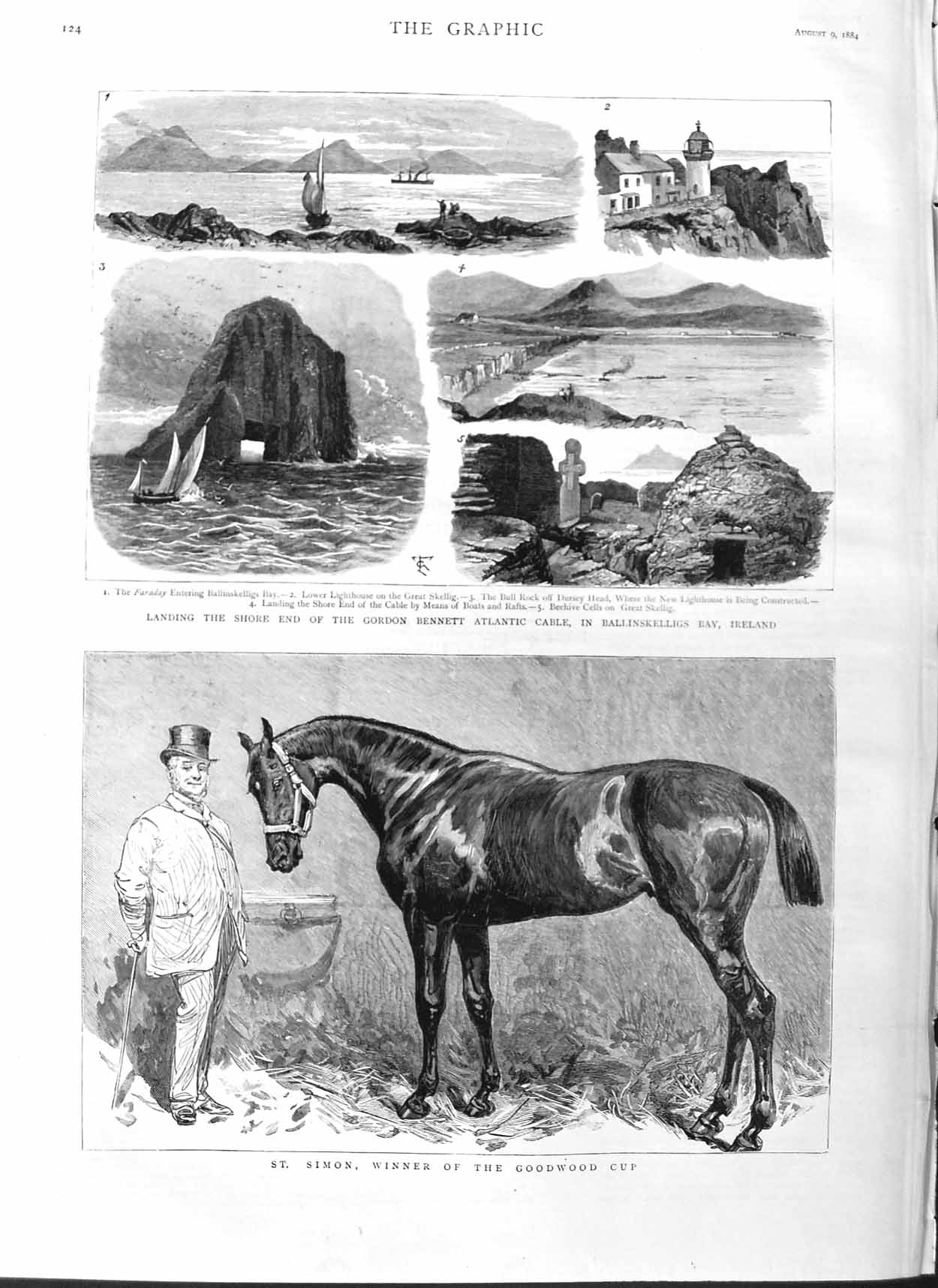 Old Antique Print 1884 Simon Horse Goodwood Gordon Bennett Cable Ireland 19th