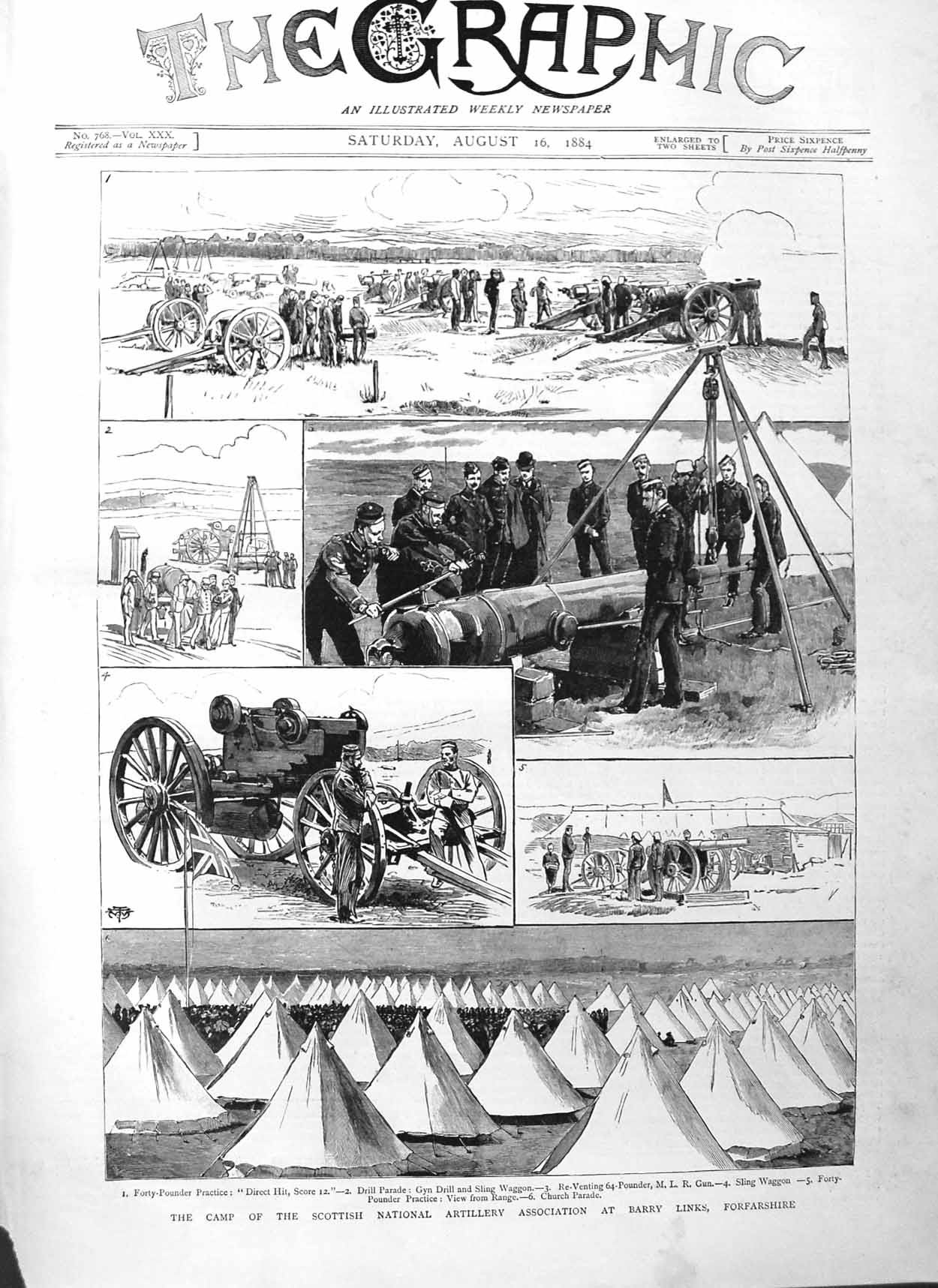 Original Old Antique Print 1884 Camp Scottish Artillery Barry Links Forf 19th
