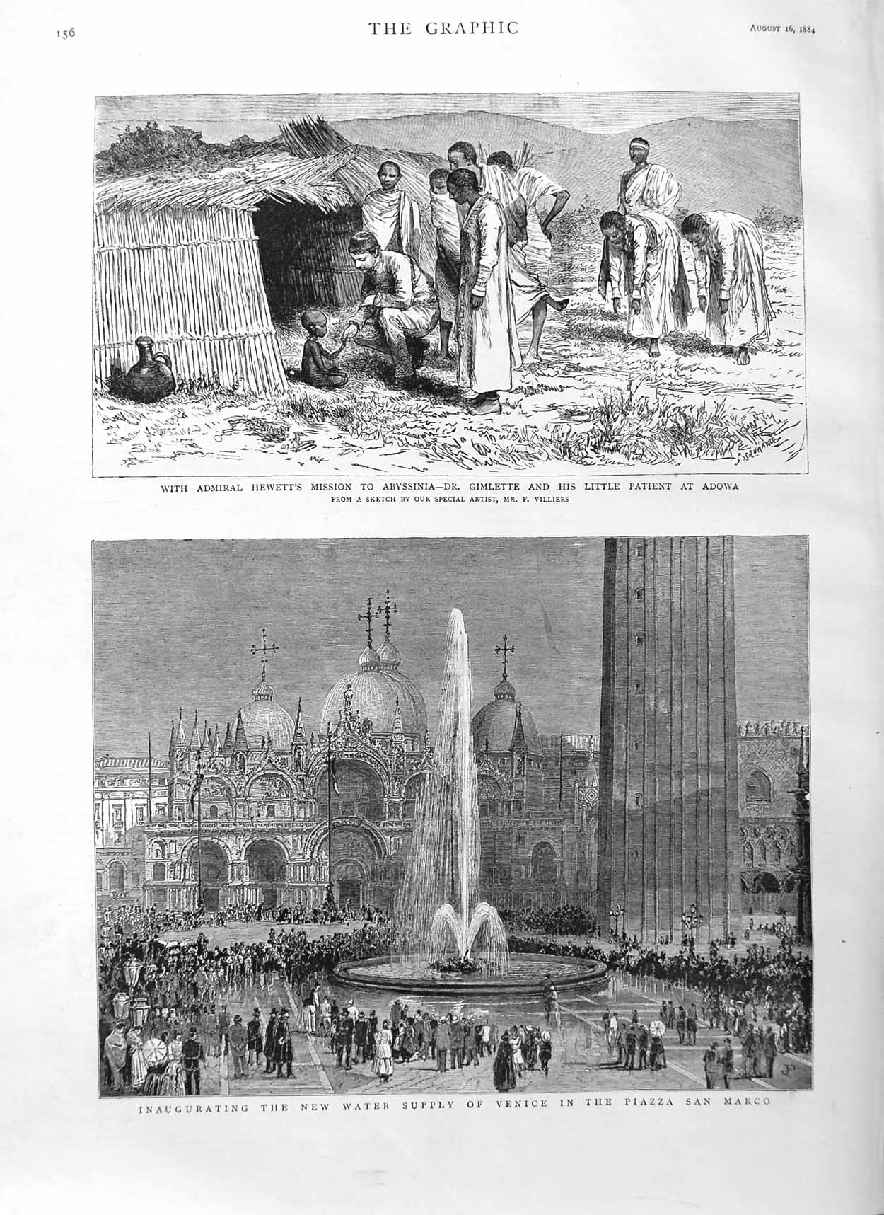 Original Old Antique Print 1884 Water Supply Venice Piazza Marco Admiral Hewett