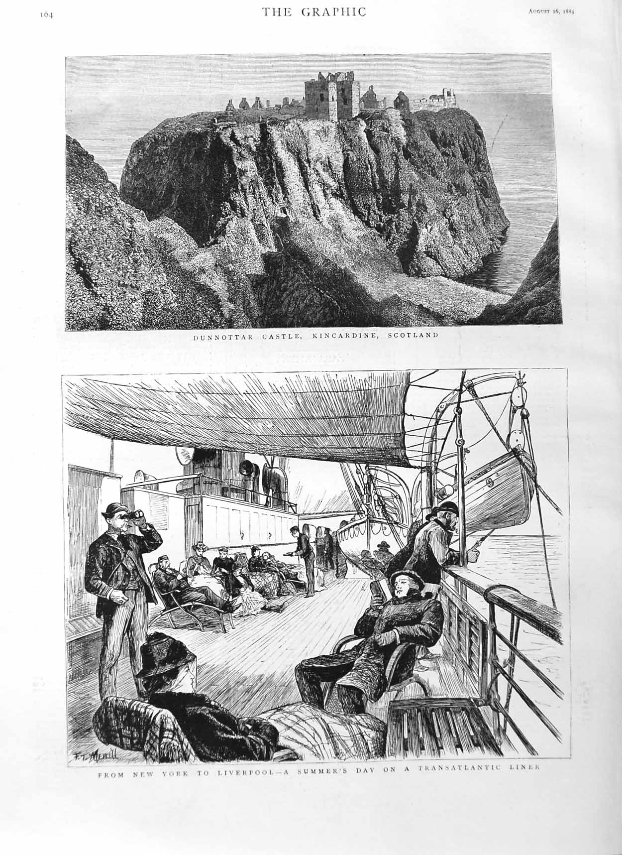 Old Antique Print 1884 Dunnottar Castle Kincardine Scotland Steamer Ship 19th