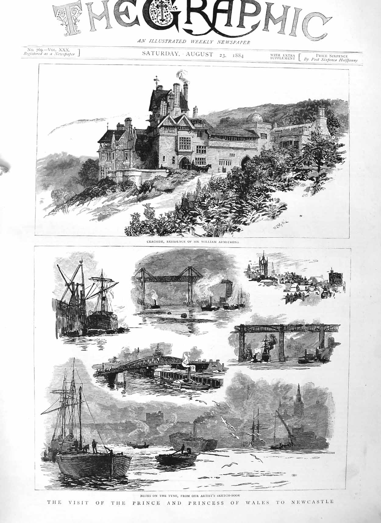 Original Old Antique Print 1884 Prince Wales Newcastle Tyne Cragside Armstrong