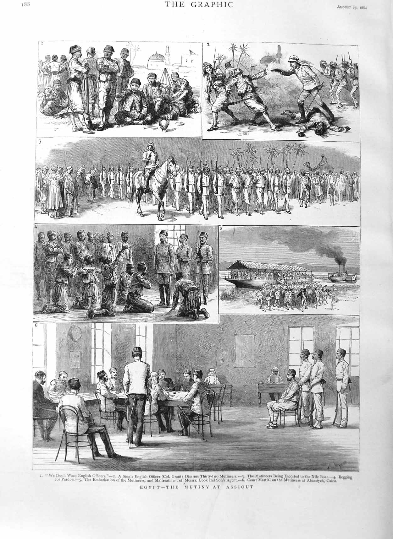 Original Old Antique Print 1884 Egypt War Mutiny Assiout Siers Court Martial