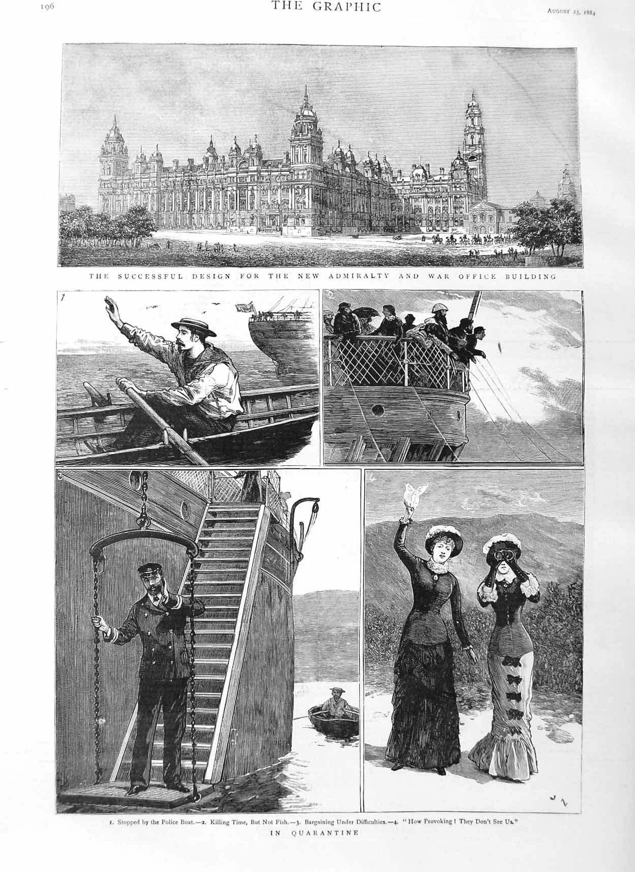 Old Antique Print 1884 Admiralty War Office Quarantine Police Boat Ship 19th