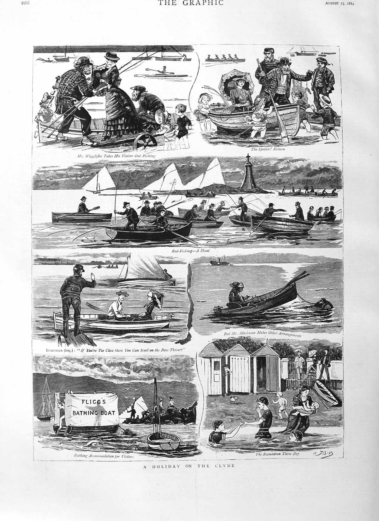 Original Old Antique Print 1884 Clyde River Scotland Fishing Mashman Waggleflee