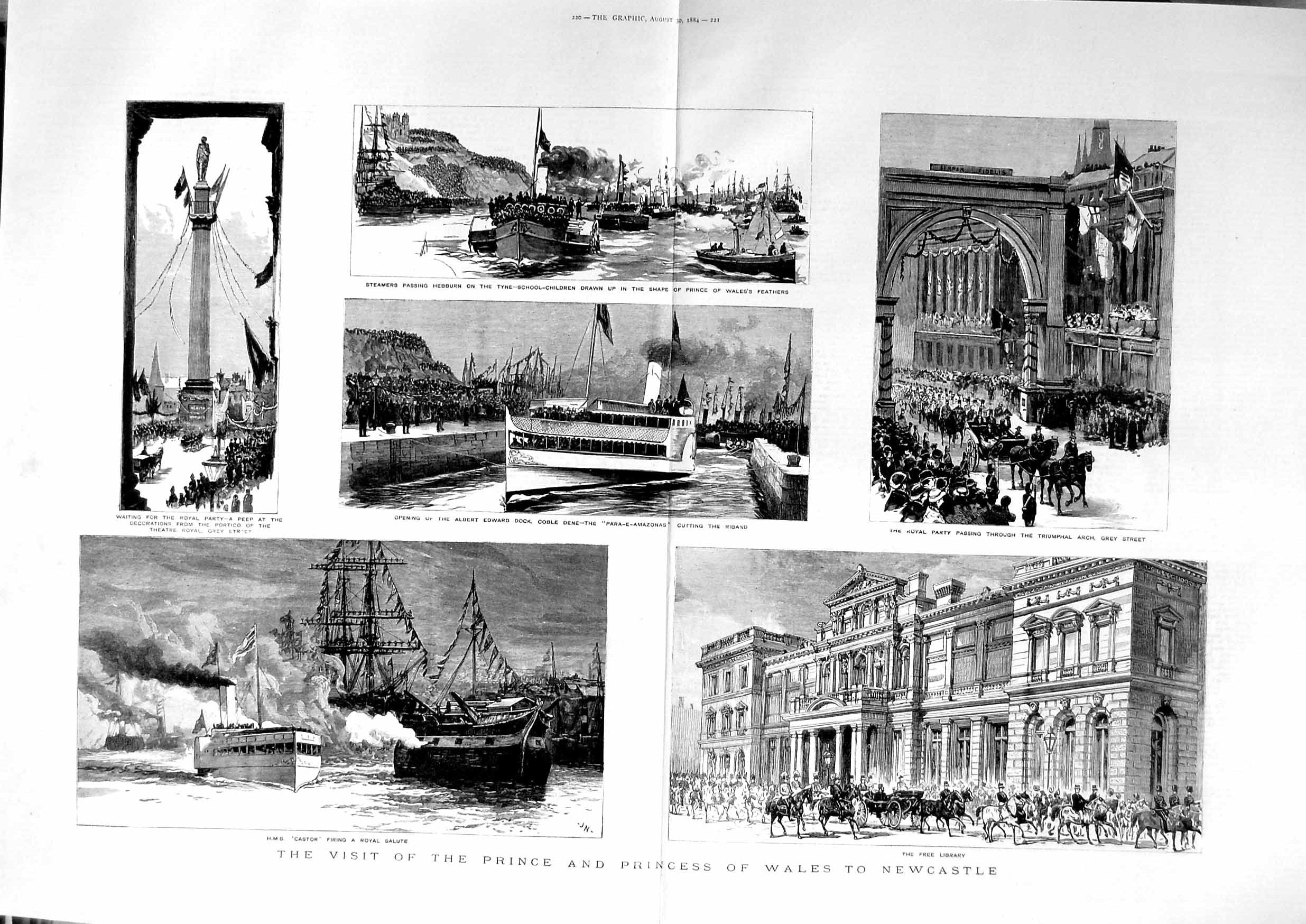 Original Old Antique Print 1884 Prince Wales Newcastle Castor Ship Albert Dock