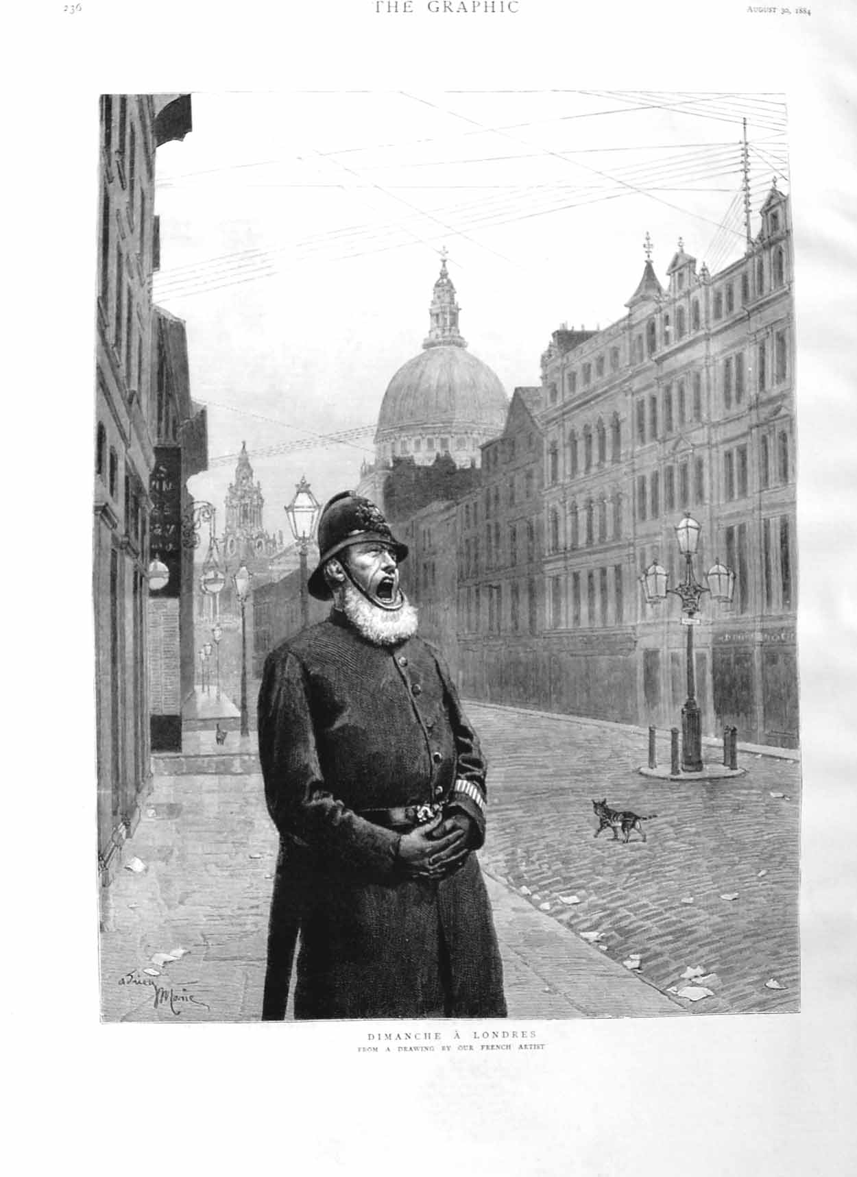 Original Old Antique Print 1884 Fine Art Dimanche Londres Policeman London 19th