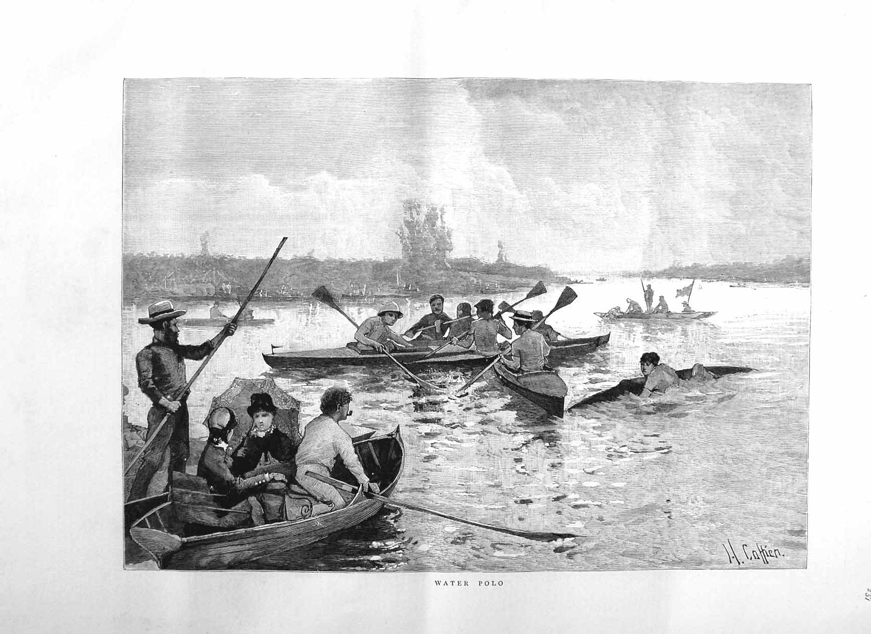 Original Old Antique Print 1884 Fine Art Water Polo Boats River Capsize Rowing