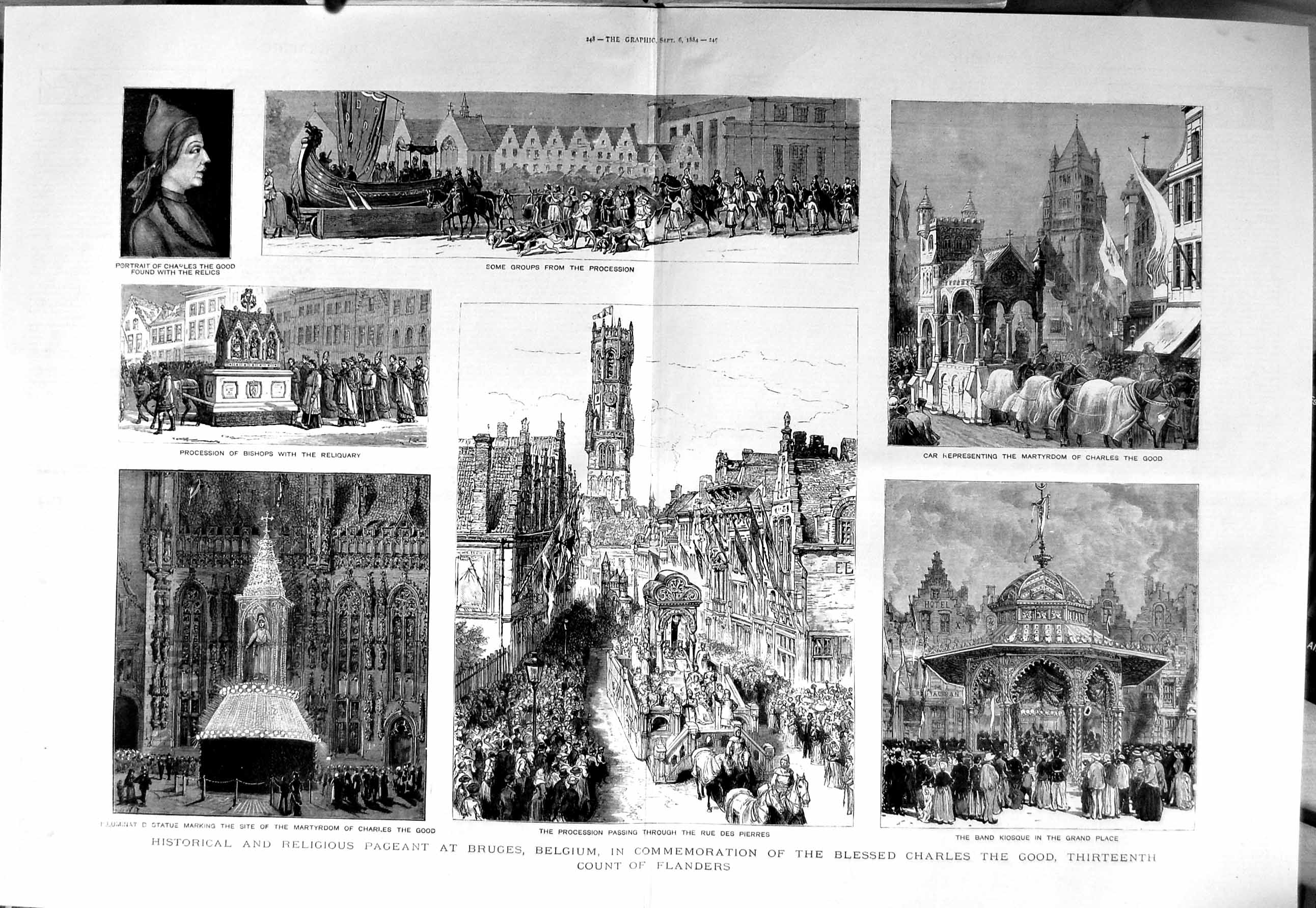 Original Old Antique Print 1884 Bruges Belgium Count Flanders Pierres Kiosque