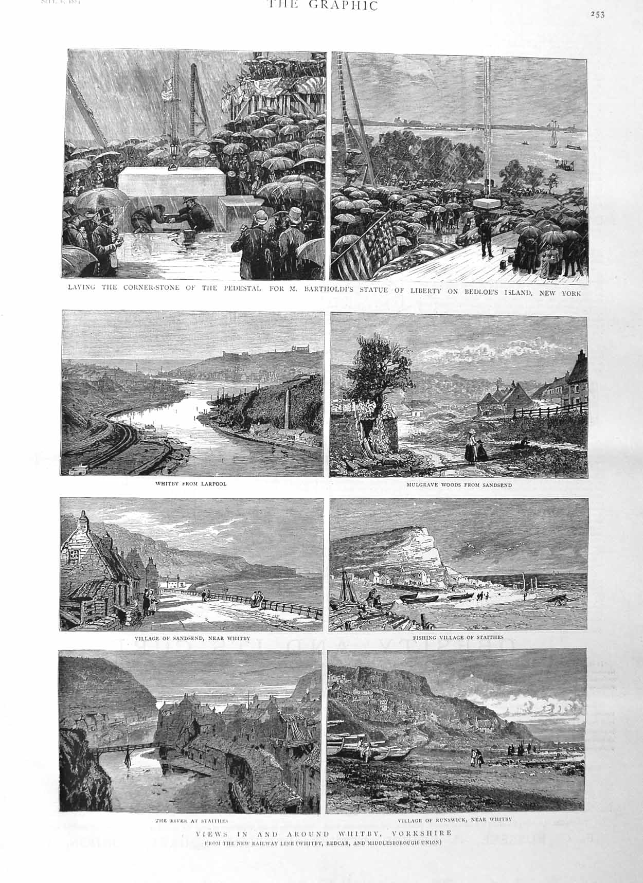 Old Antique Print 1884 Whitby Yorkshire Sandsend Staithes Bedloe Island 19th