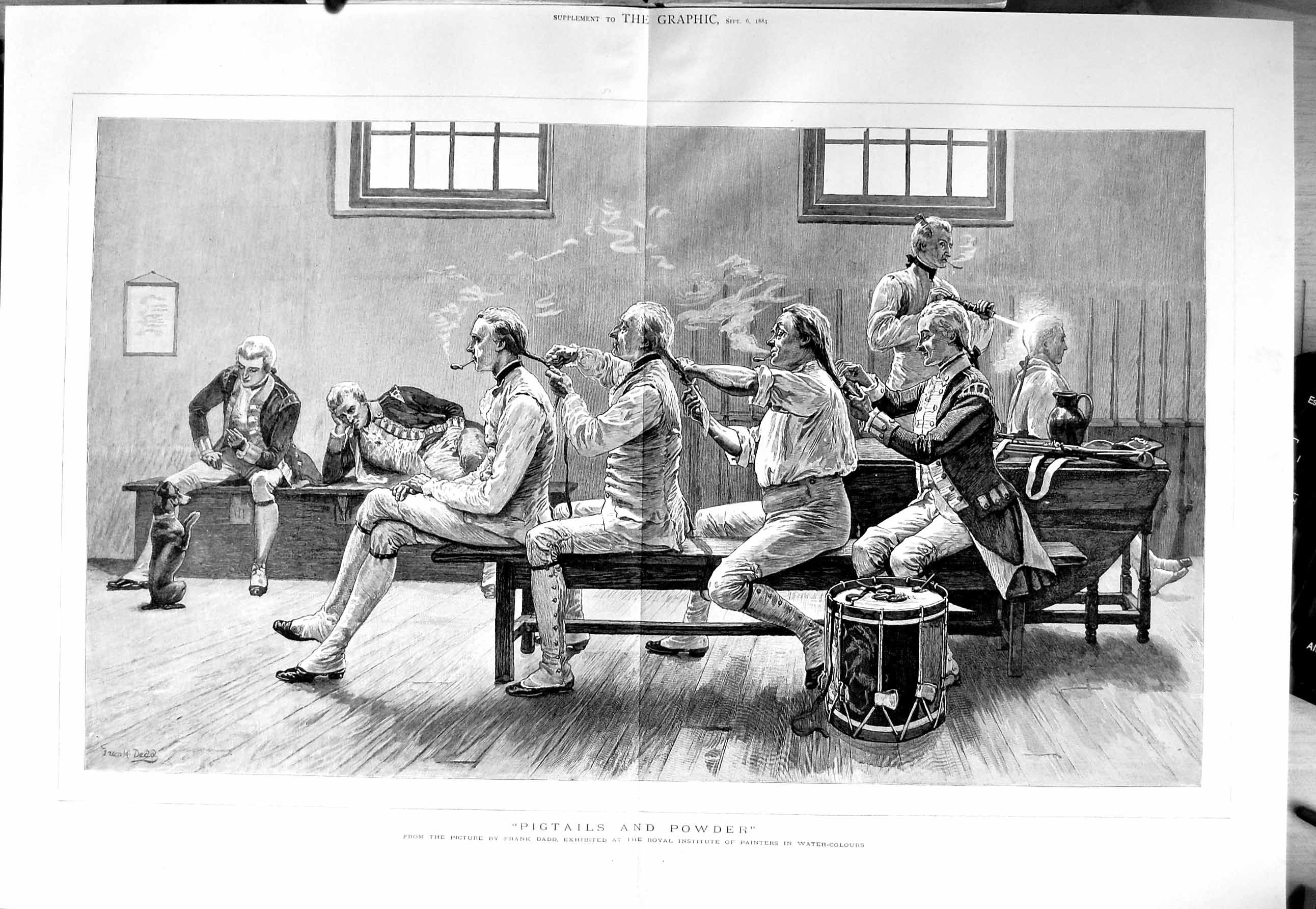 Original Old Antique Print 1884 Frank Dadd Art Siers Pigtails Hair Powder Drum