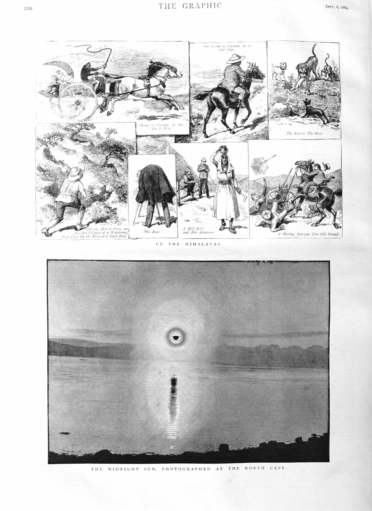 Original Old Antique Print 1884 Photograph Midnight Sun North Cape Himalayas